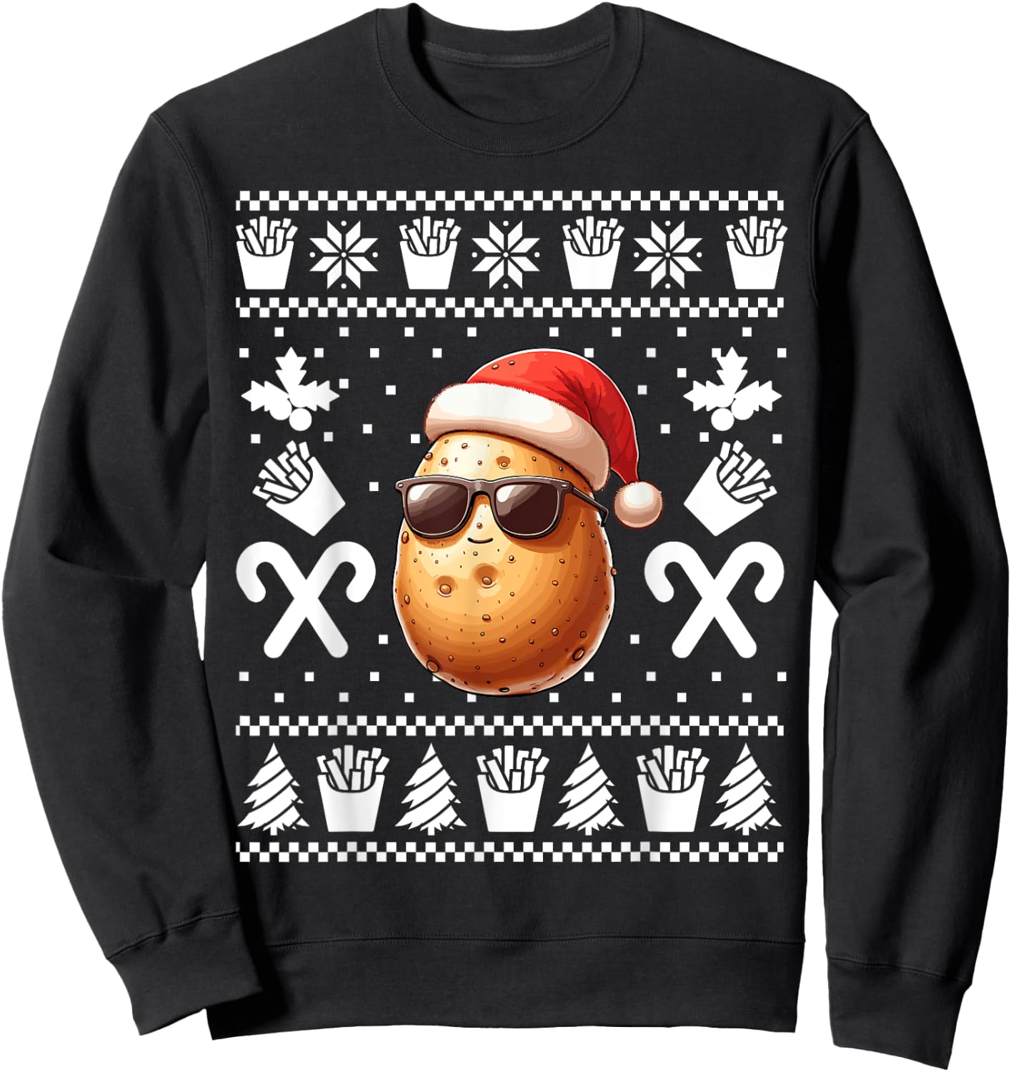 Funny Potato Christmas French Fries Pattern Xmas Season Sweatshirt - Sweatshirt | Black