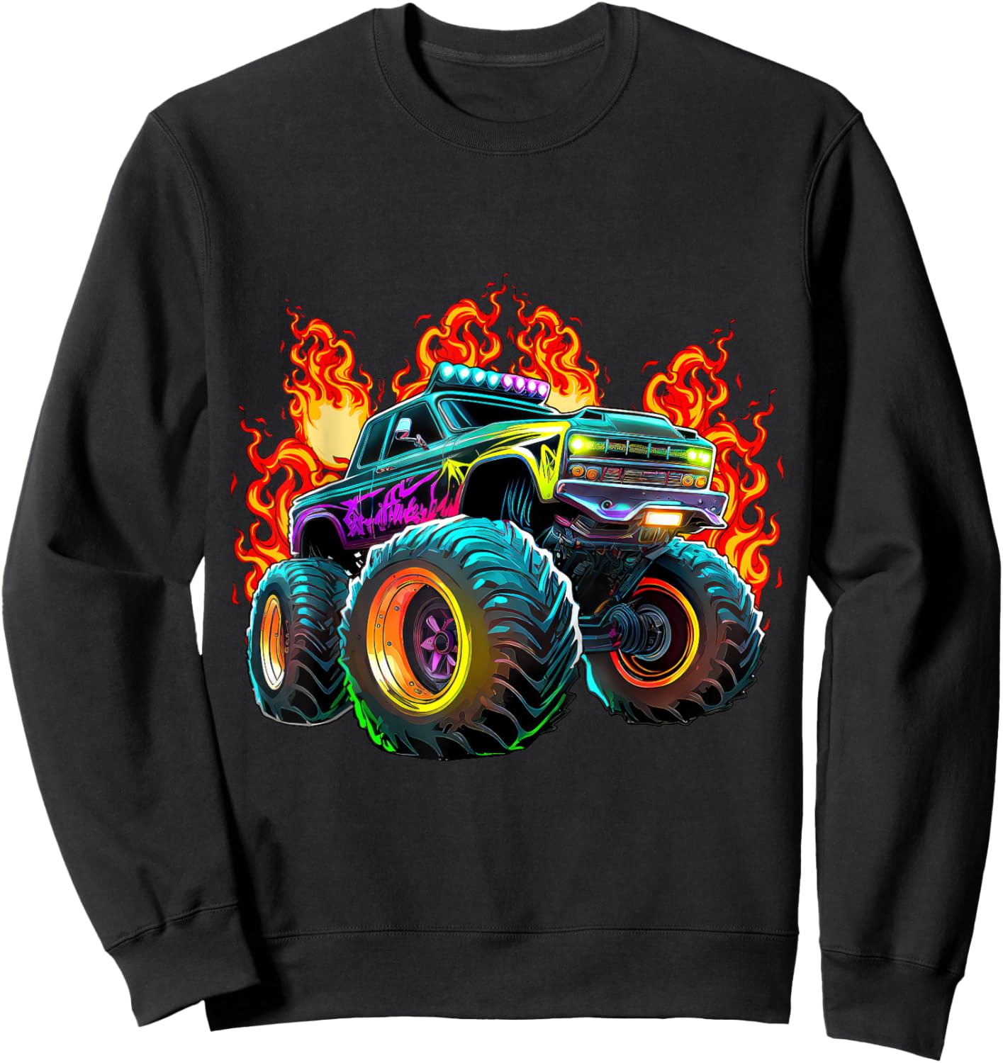 Monster Truck Flame Retro Monster Truck Birthday Boy Party Sweatshirt - Sweatshirt | Black