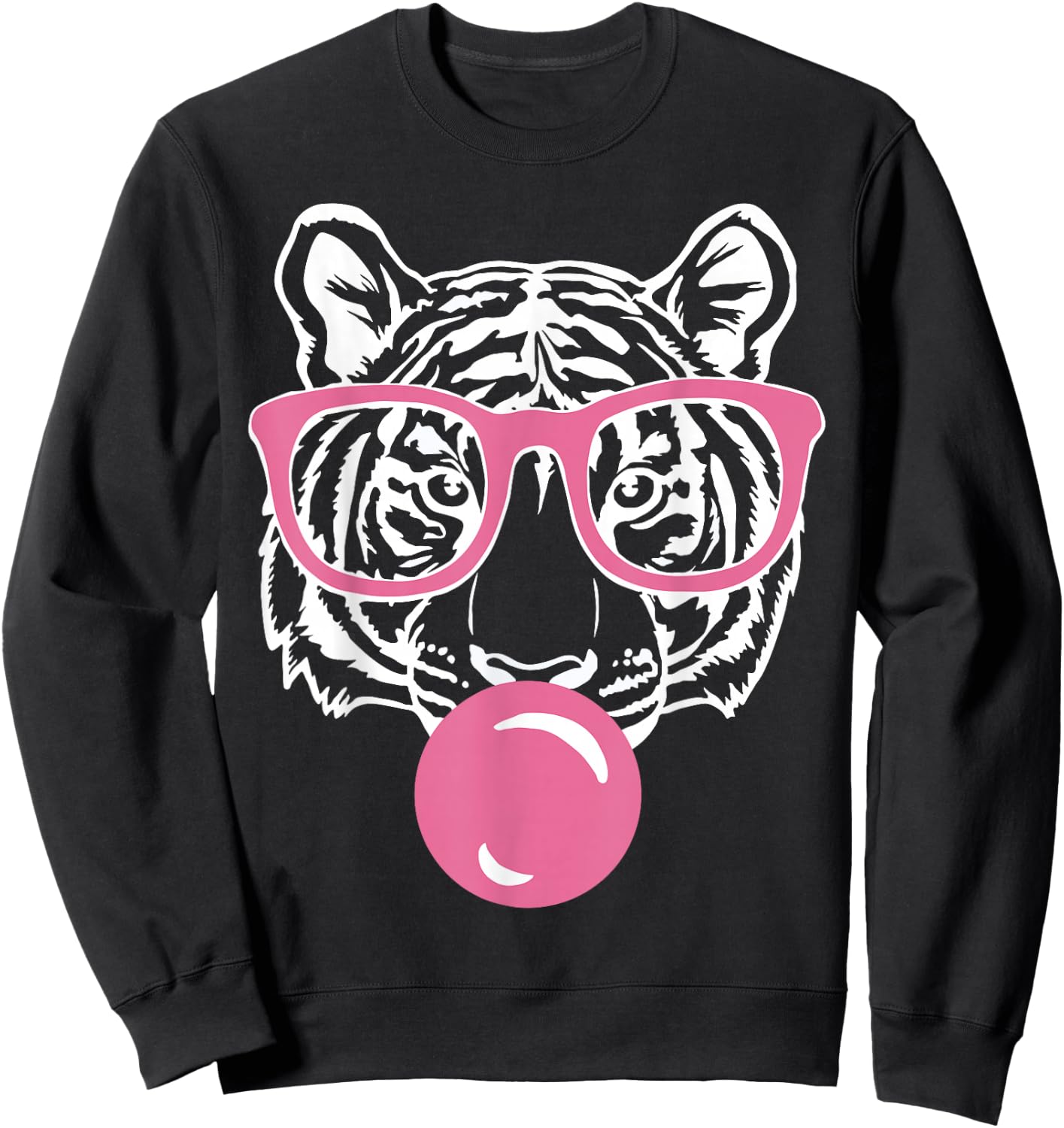 Popping Bubble Gum Tiger Smart Pink Glasses Cat and Tiger Sweatshirt - Sweatshirt | Black