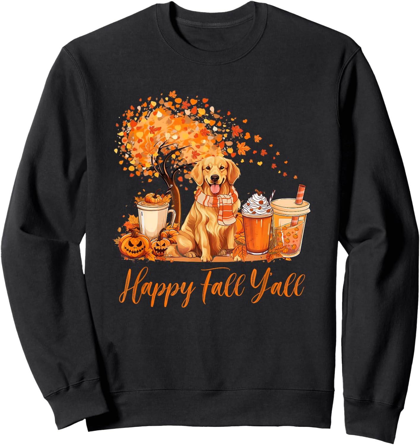 Happy Fall Y'all Golden Retriever Autumn Pumpkin Spice Latte Sweatshirt - Sweatshirt | Black