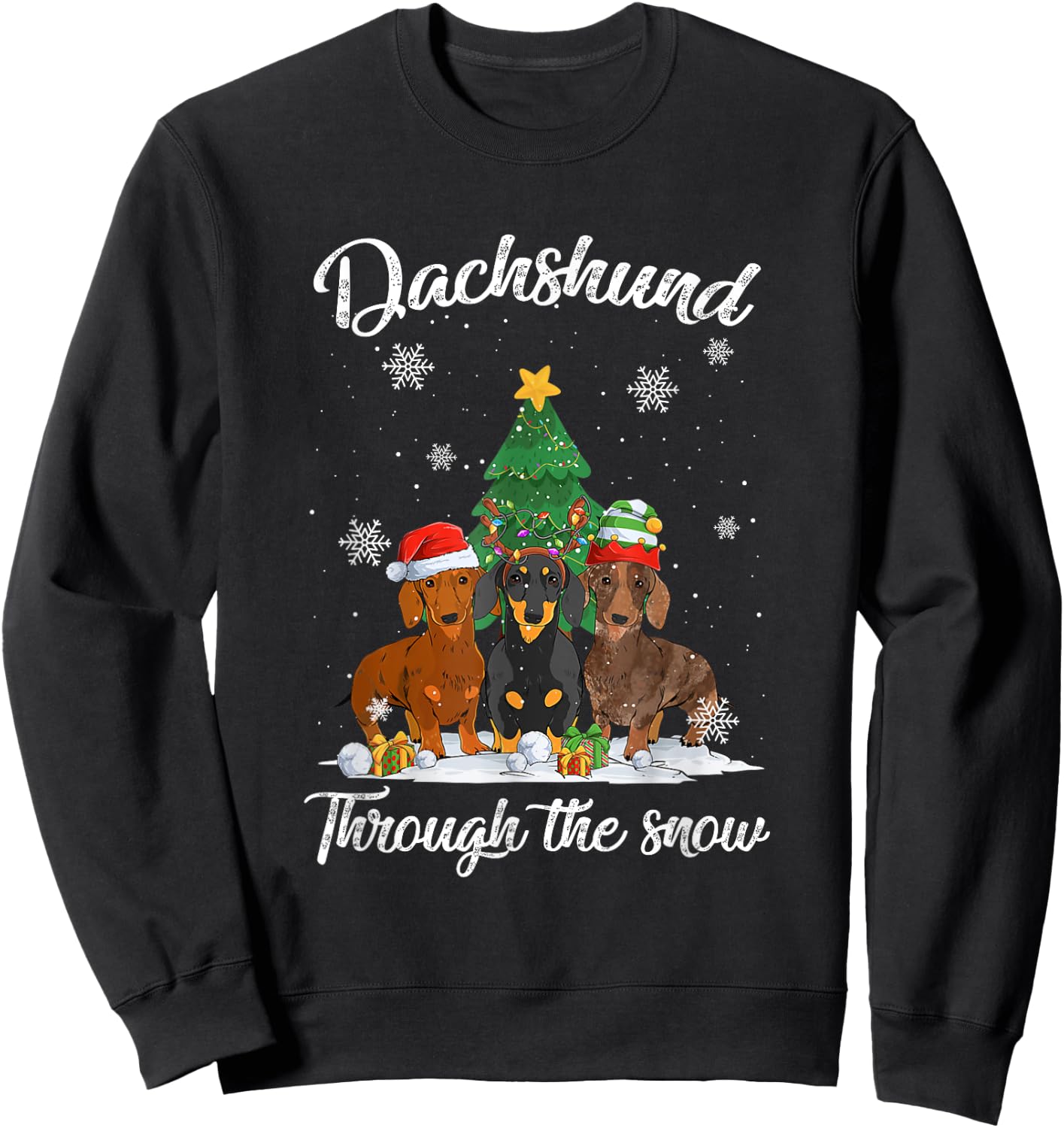 Merry Christmas Dachshund Dog Through The Snow Men Women Kids Sweatshirt - Sweatshirt | Black
