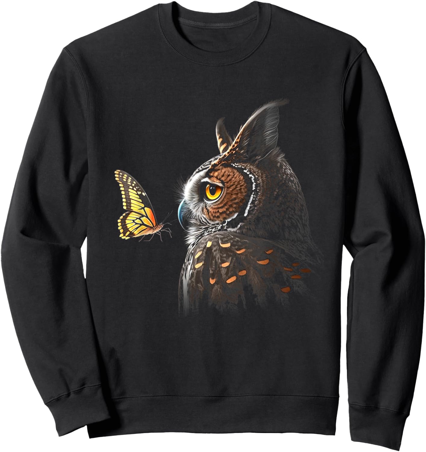 Owl With Butterfly Owl Lover Night Owl Bird Sweatshirt - Sweatshirt | Black