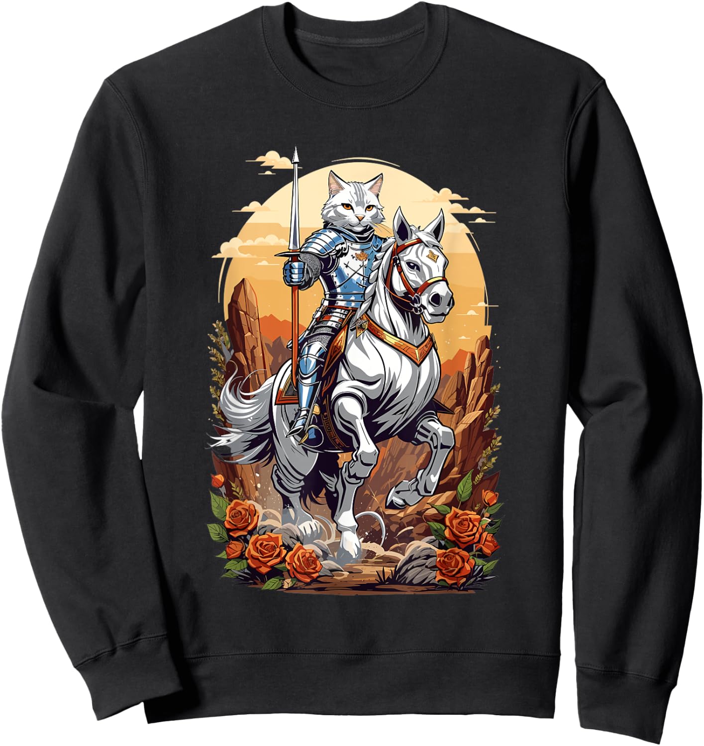 Magical Knight Cat Riding His Horse Into Battle Graphic Women Kids Sweatshirt - Sweatshirt | Black