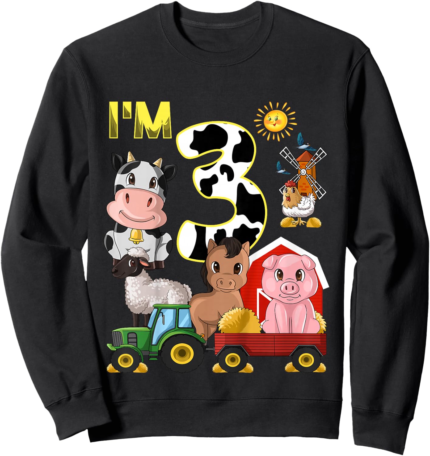 Farm Animals Tractor 3rd Birthday 3 Year Old Birthday Party Sweatshirt - Sweatshirt | Black