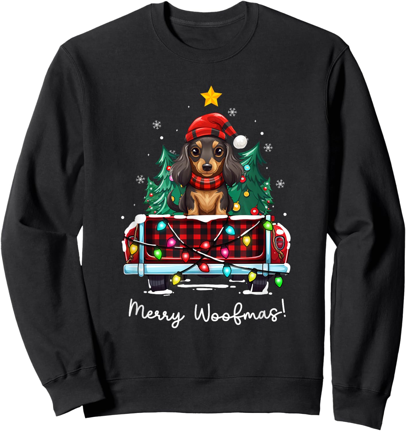 Long Haired Dachshund Christmas Dog Truck Plaid Funny Xmas Men Women Kids Sweatshirt - Sweatshirt | Black