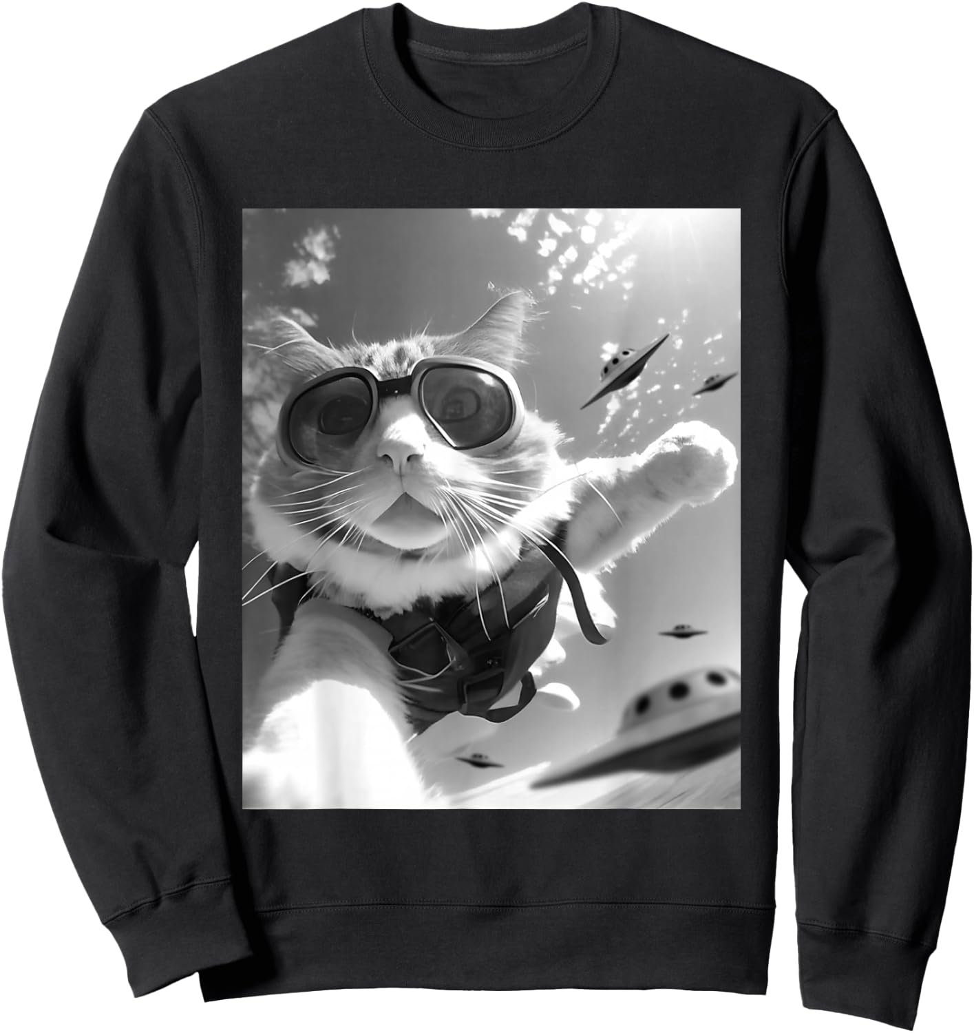 Funny Skydiving Cat Selfie with Alien UFOs Sweatshirt - Sweatshirt | Black