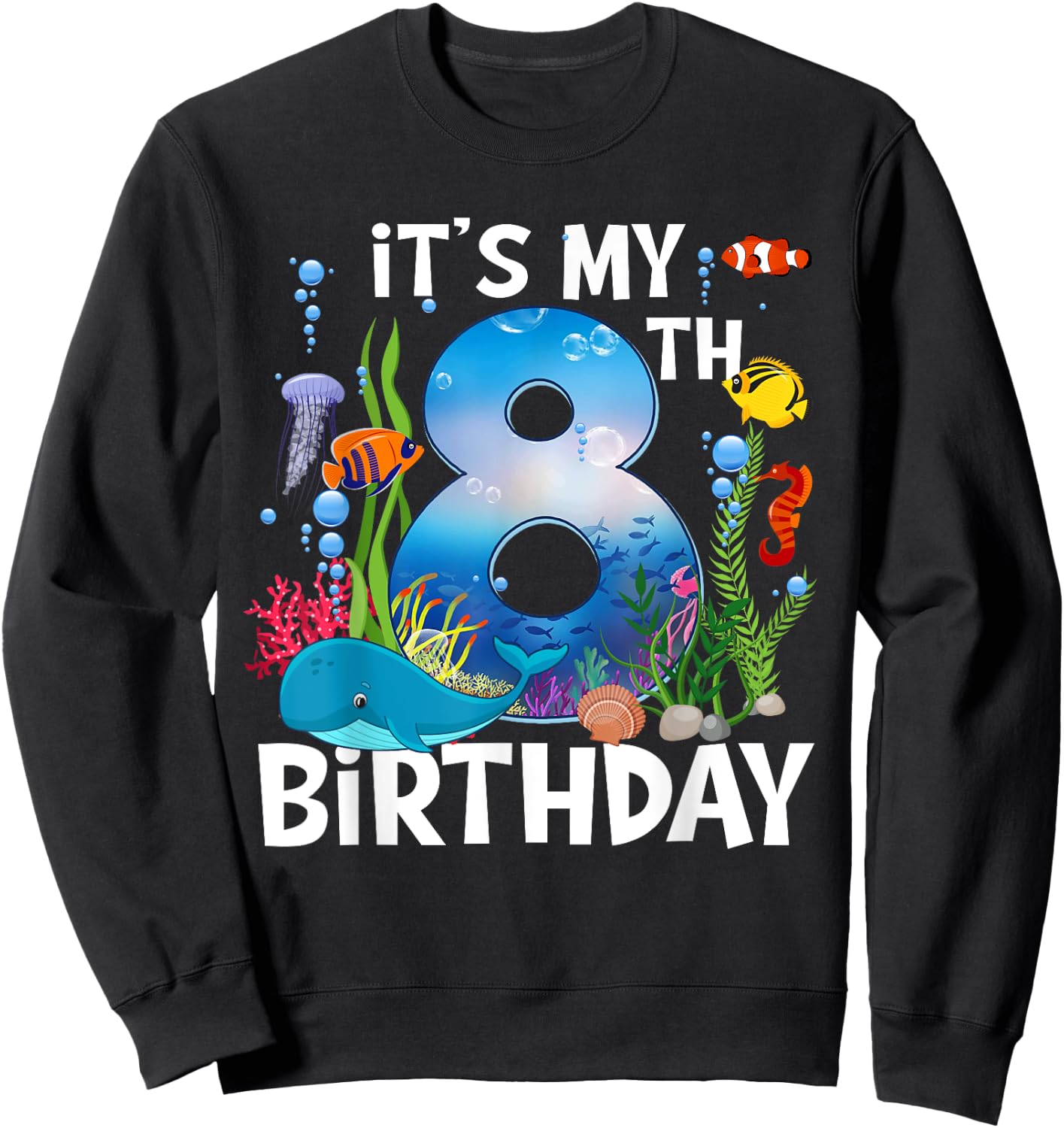 Kids 8 Year Old Ocean Life Whale Dolphin Shark 8th Birthday Sweatshirt - Sweatshirt | Black