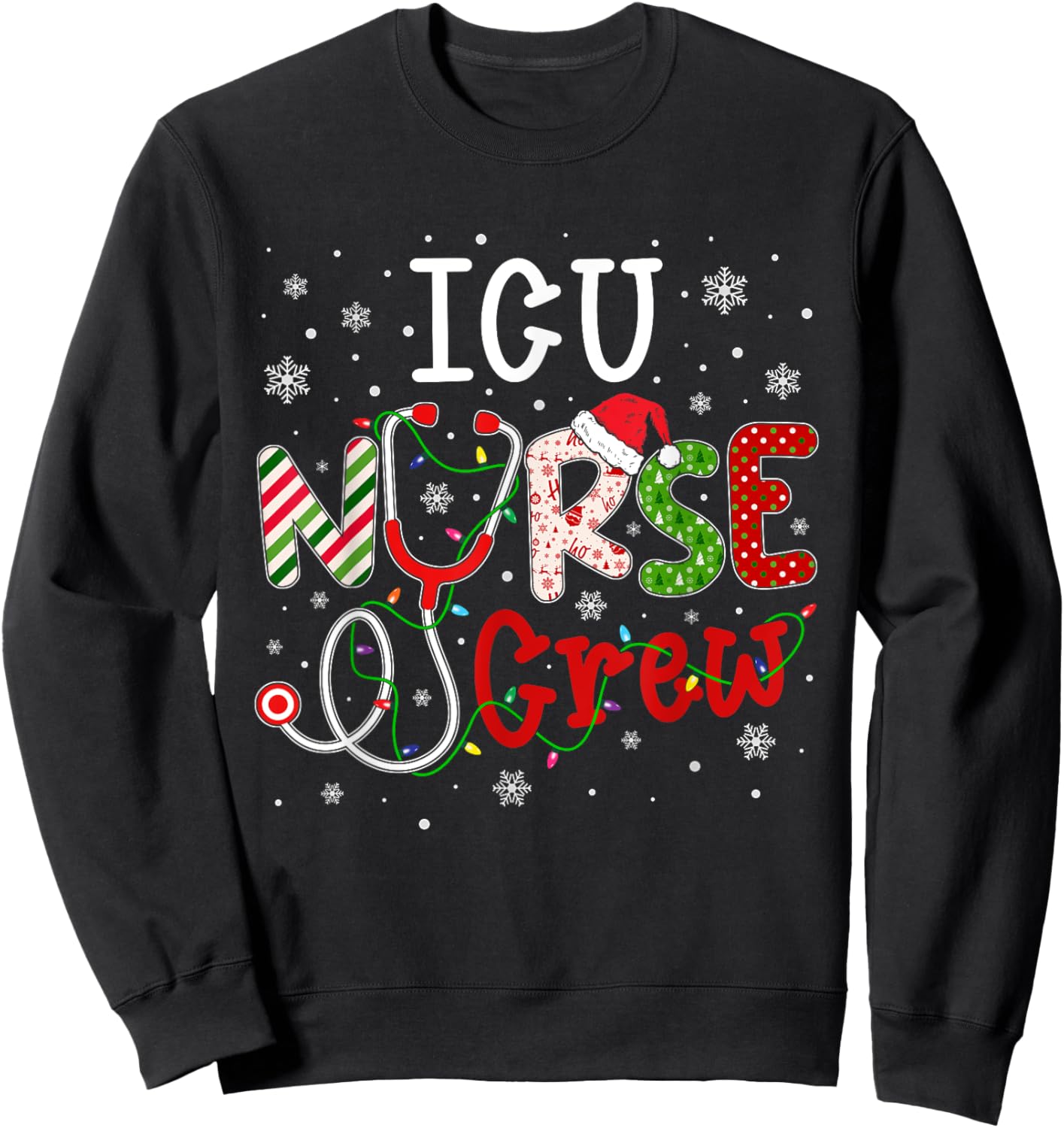 ICU Christmas Nurse Crew Funny Nursing Christmas Pattern Sweatshirt - Sweatshirt | Black