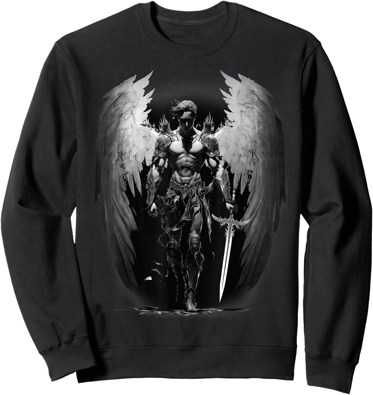 Angel Archangel with Sword, Wings in B&W Walking to Fight. Sweatshirt - Sweatshirt | Black