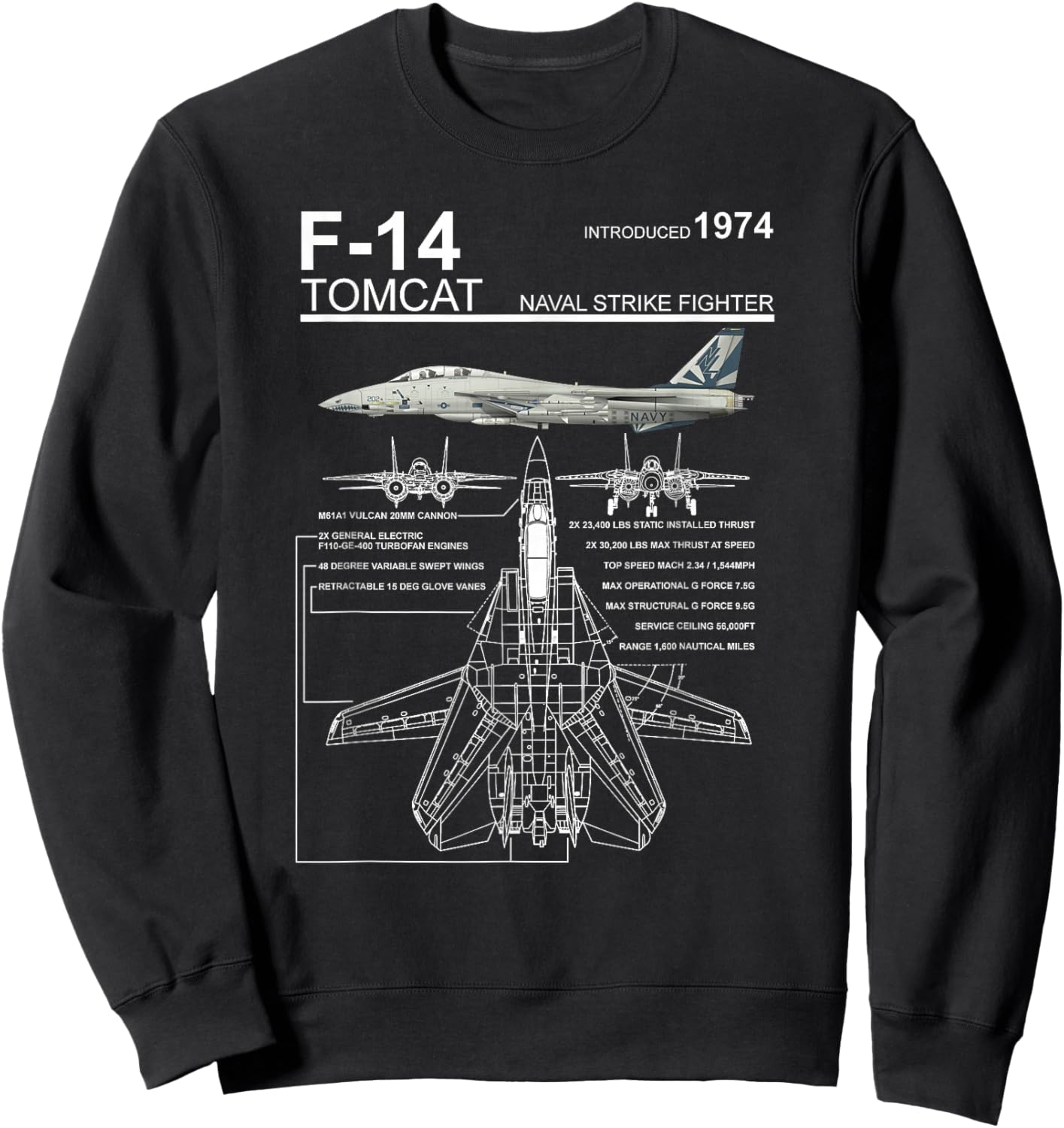Dinosaurus Rekx F-14 Tomcat Navy Fighter Jet Graphic -Adult , Black, Small, Short Sleeve Sweatshirt - Sweatshirt | Black