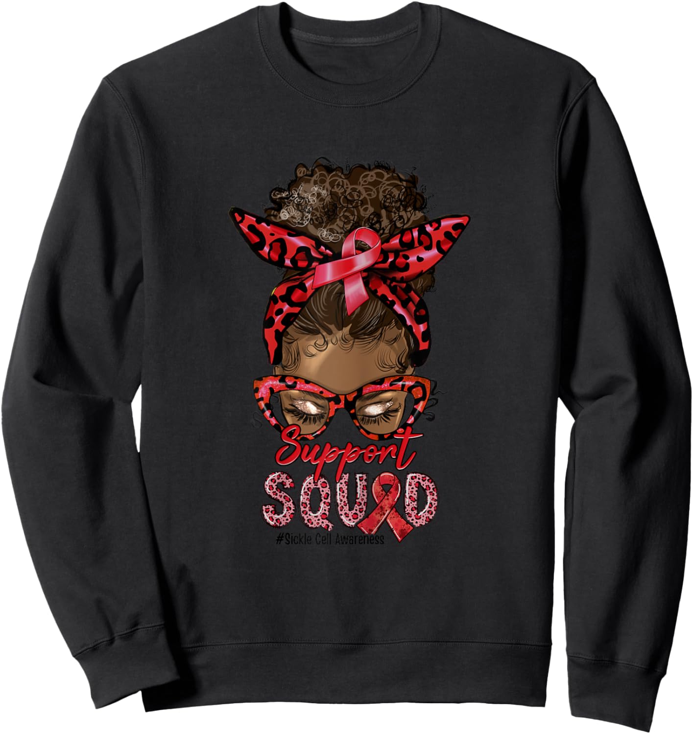 Support Squad Afro Messy Bun Leopard Sickle Cell Awareness Sweatshirt - Sweatshirt | Black
