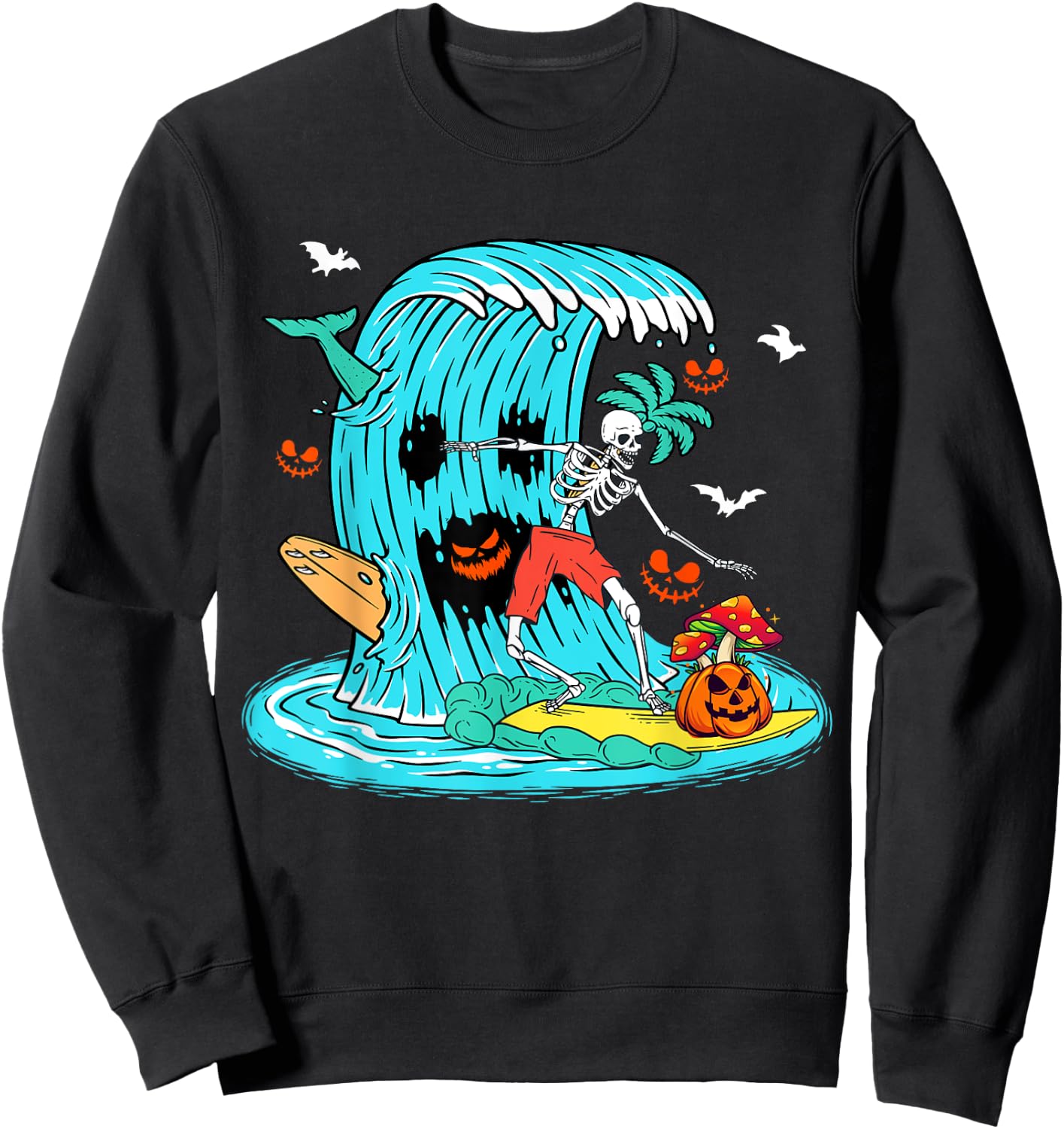 Skeleton Surfing Hawaiian Halloween Surfer Horror Pumpkin Sweatshirt - Sweatshirt | Black