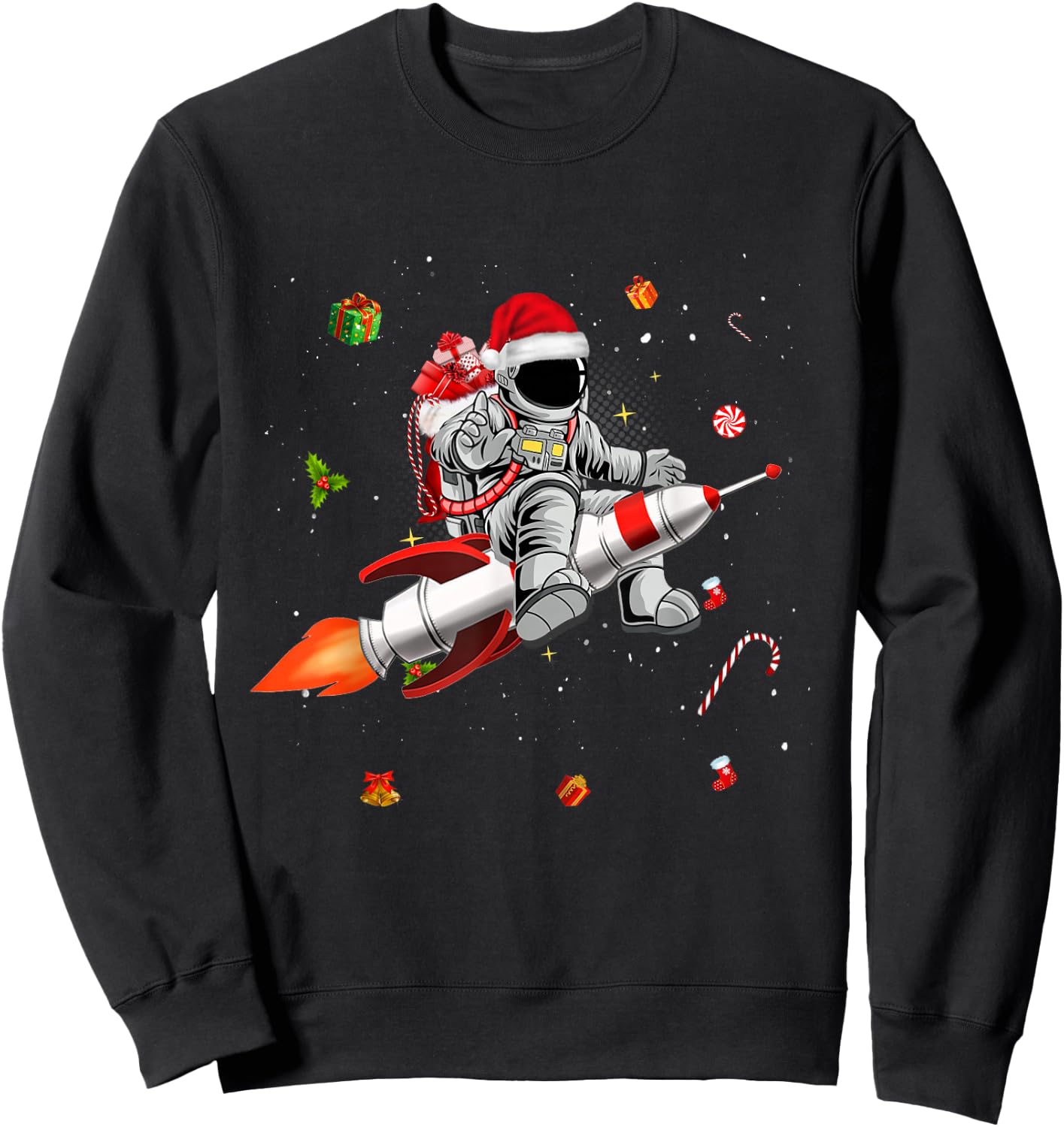 Astronaut Santa Riding Rocket Ship Planets Space Moon Galaxy Sweatshirt - Sweatshirt | Black