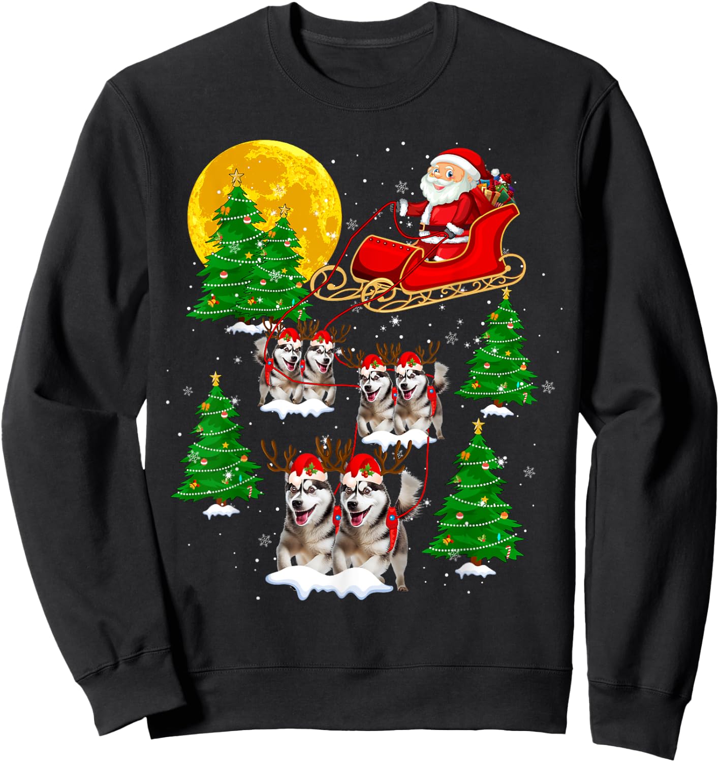 Cute Reindeer Husky Dogs Pulling Santa Sled Christmas Pajama Sweatshirt - Sweatshirt | Black