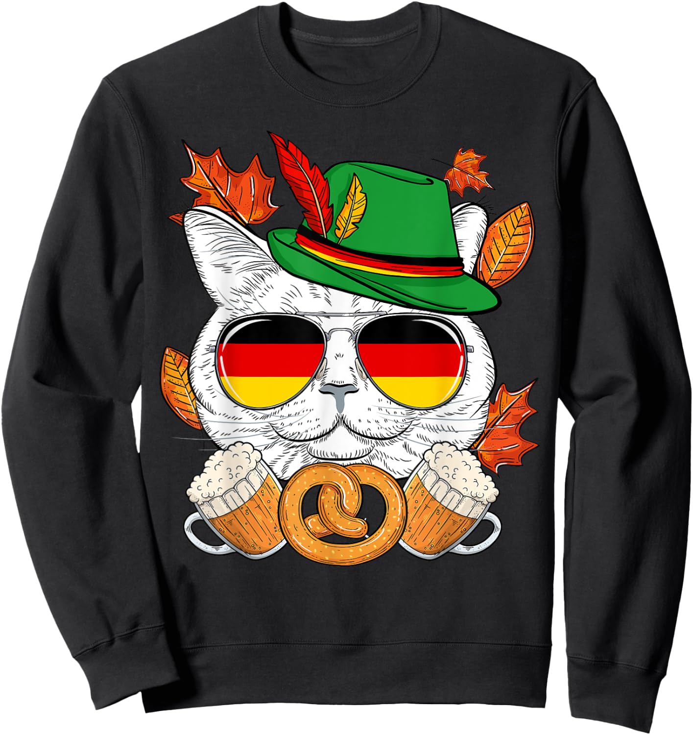 Funny Lederhosen Cat & Sunglasses Germany Flag Oktoberfest Sweatshirt - Sweatshirt | Black
