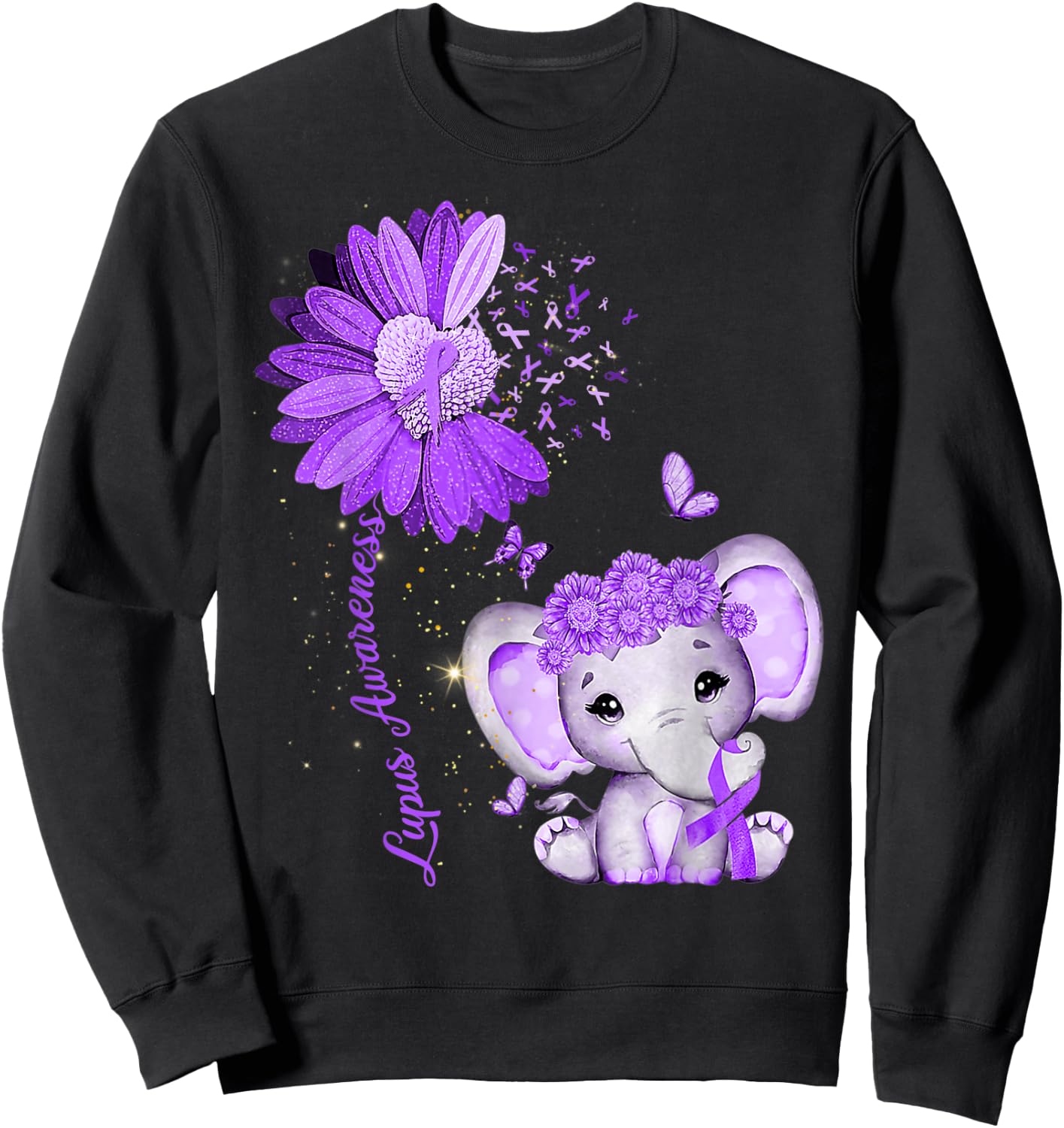 Lupus Awareness Sunflower Purple Ribbon Elephant Sweatshirt - Sweatshirt | Black