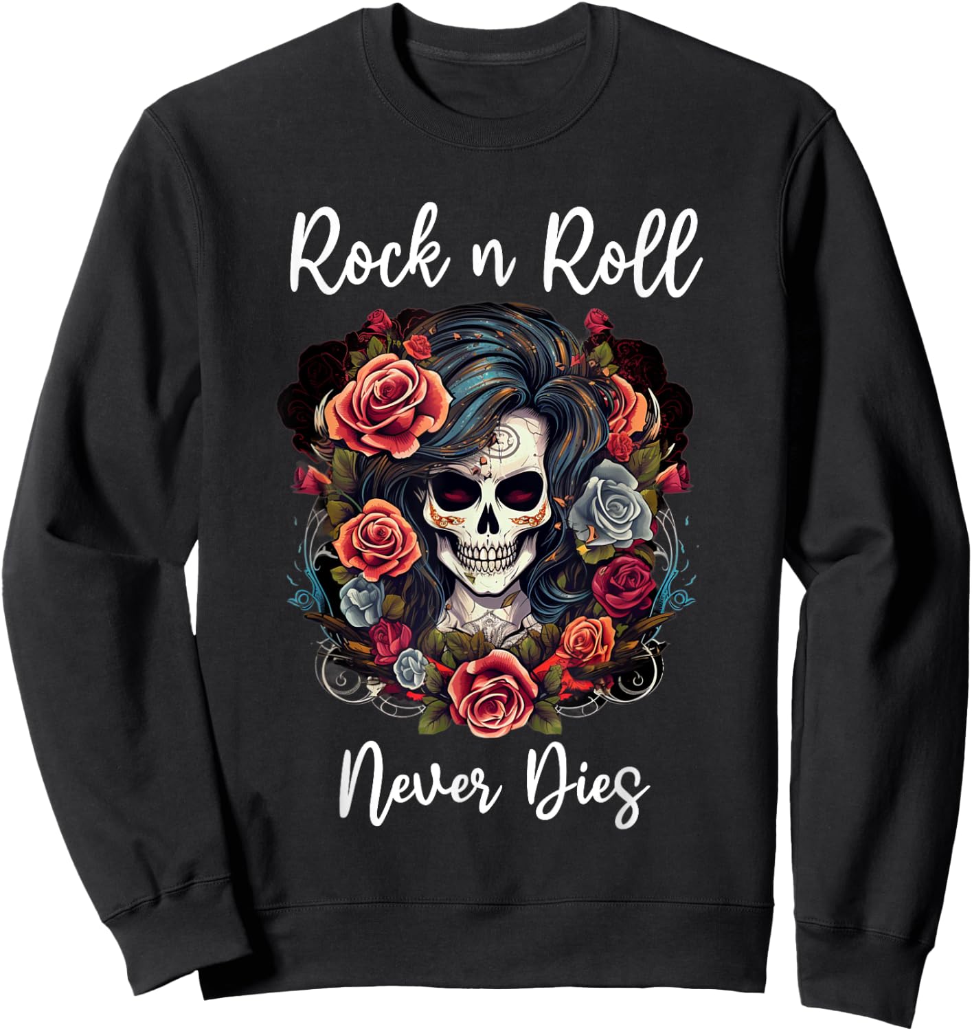 Rock n Roll Never Dies Rockabilly Girl Skull Tattoo Sweatshirt - Sweatshirt | Black