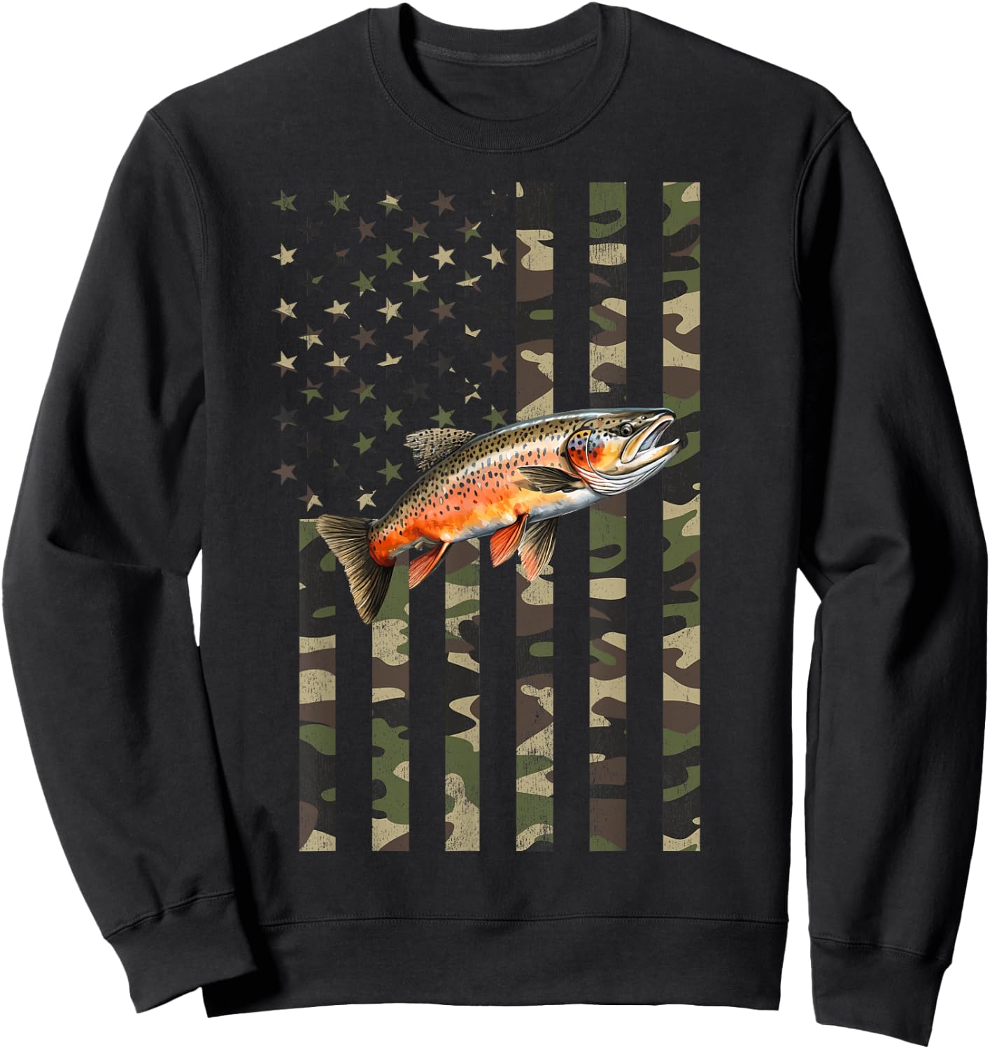 Brook Trout Fishing, Camo American Flag with Brook Trout Sweatshirt - Sweatshirt | Black
