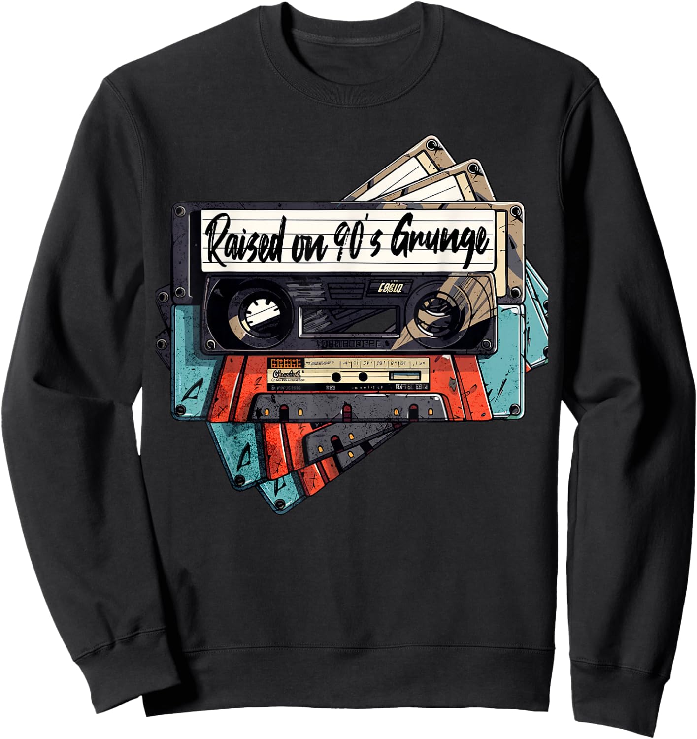 Raised On 90's Music Grunge Rock Cassette Tape Design Sweatshirt - Sweatshirt | Black