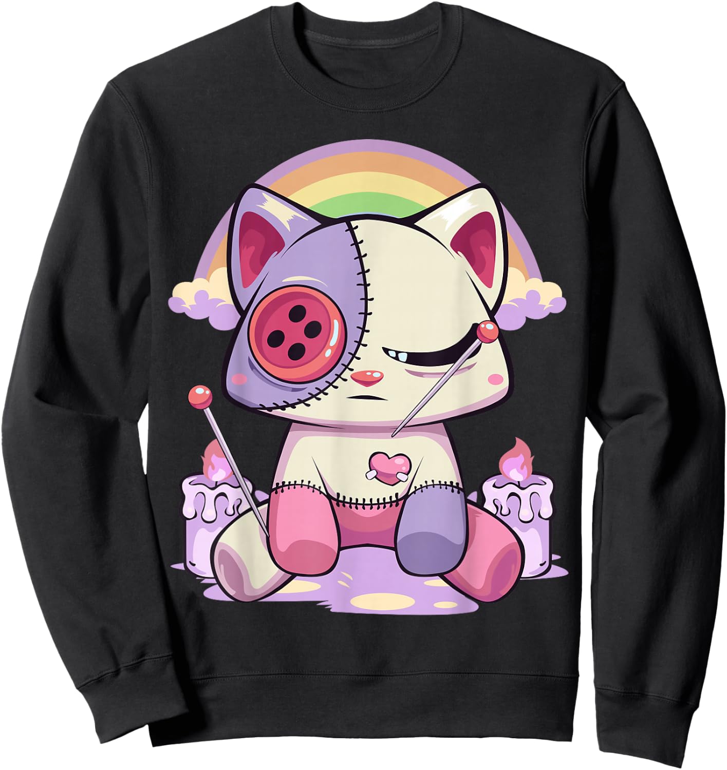 Pastel Goth Kawaii Menhera Sad Creepy Voodoo Doll Cat Sweatshirt - Sweatshirt | Black