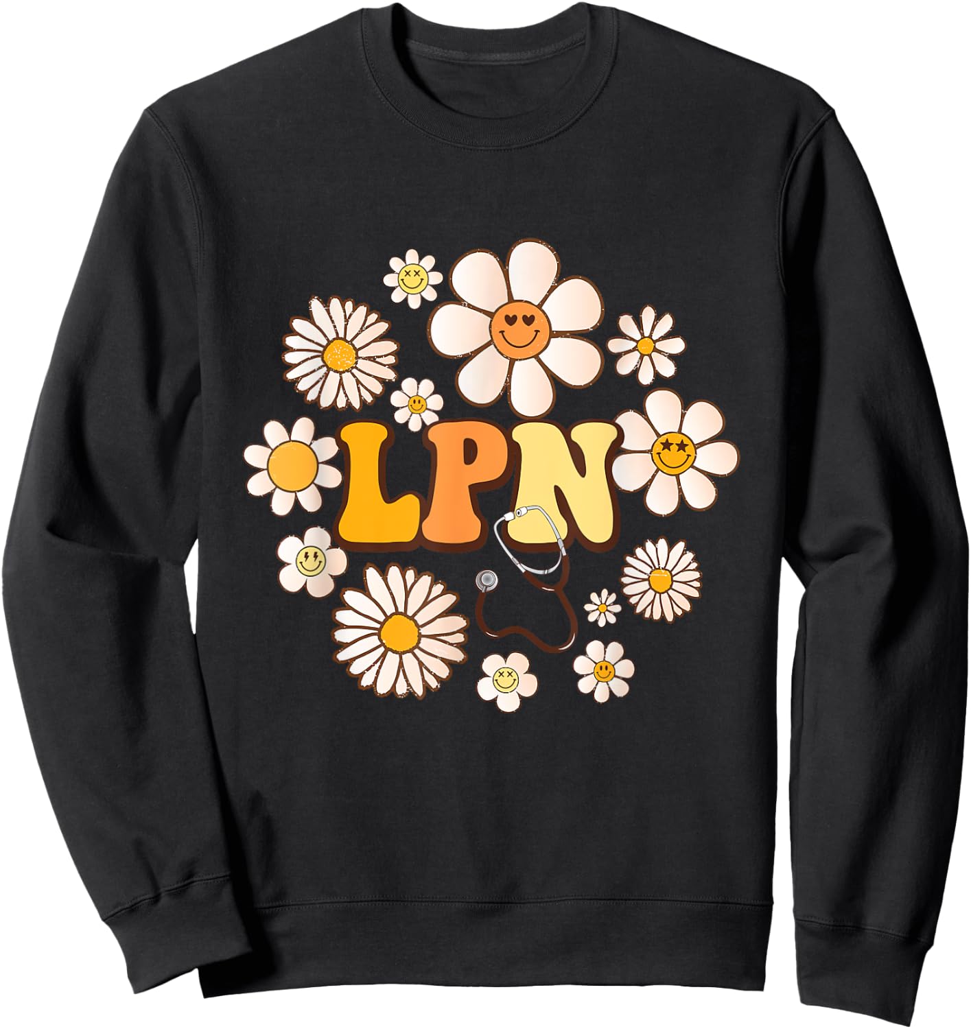 Retro groovy smile face Flowers LPN Licensed Practical Nurse Sweatshirt - Sweatshirt | Black