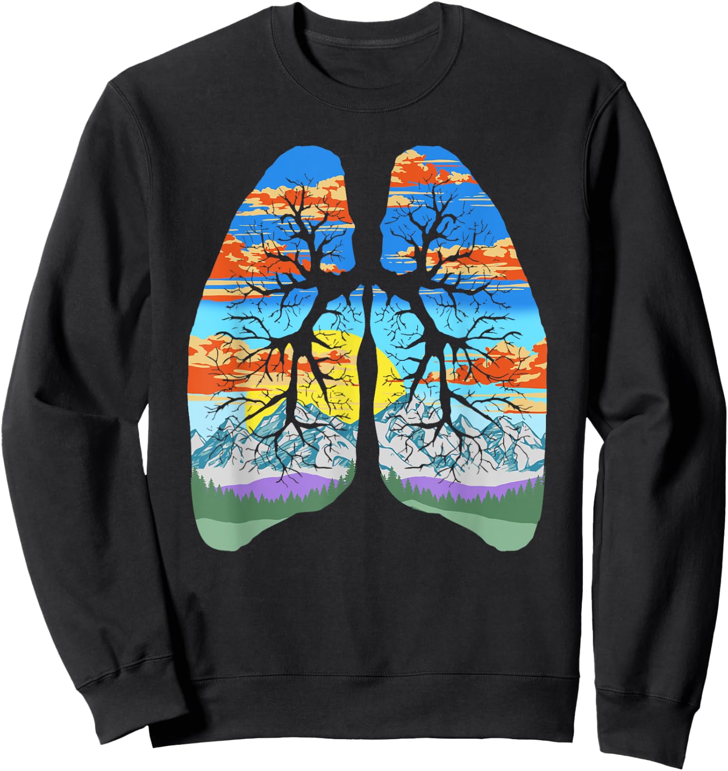 Nature Lungs Outdoor & Earth Day Trees & Mountains Design Sweatshirt - Sweatshirt | Black