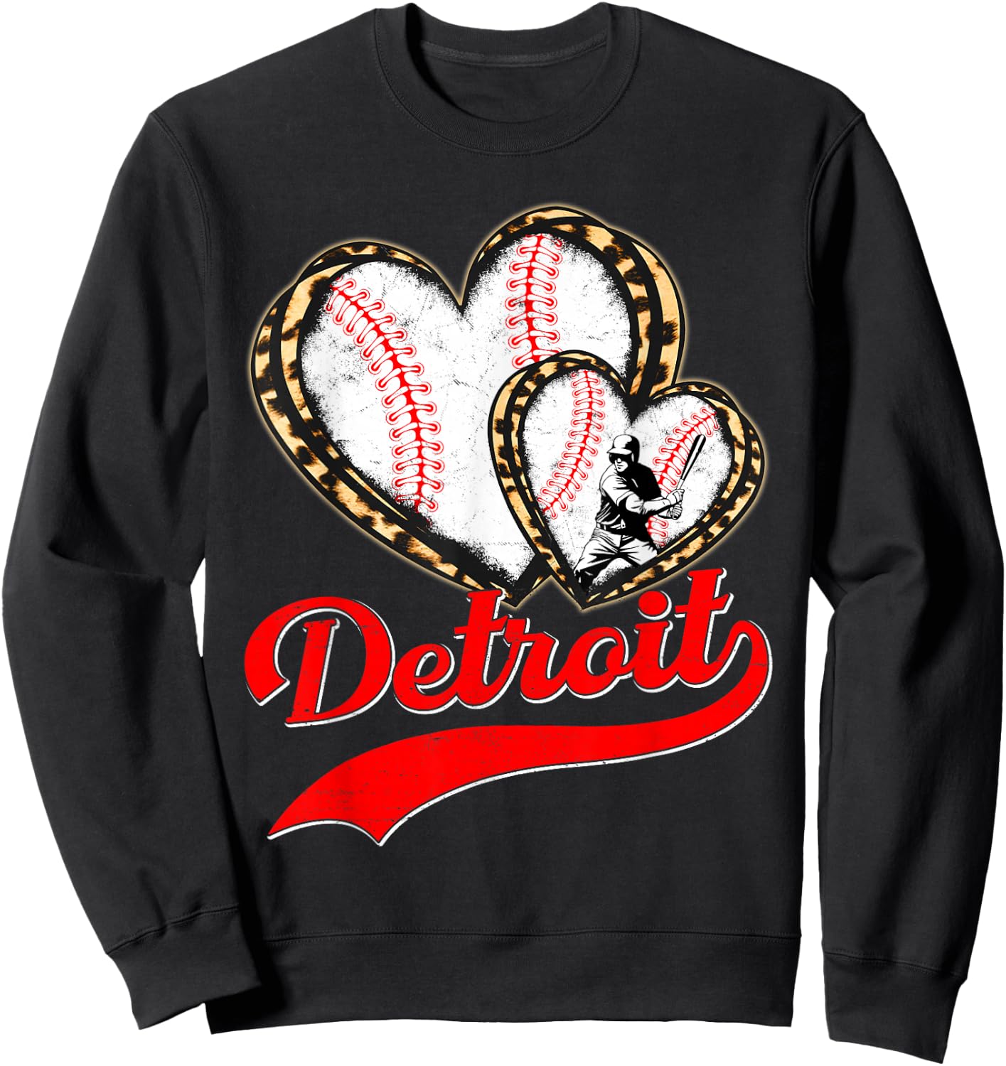 Vintage Detroit Baseball Leopard Heart Baseball Fans Sweatshirt - Sweatshirt | Black