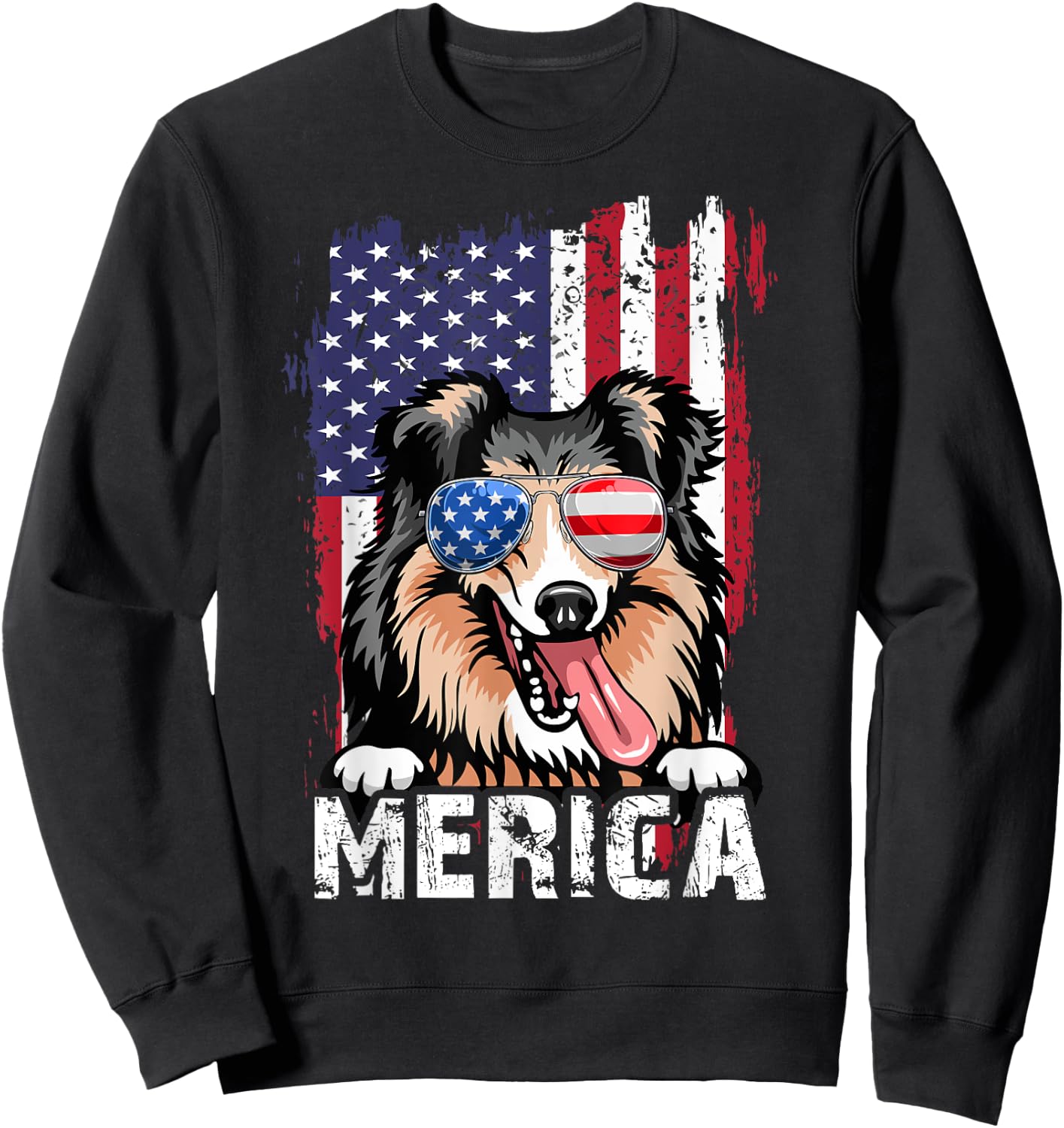 Merica 4th of July Shetland Sheepdog US Flag Sheltie Mom Dad Sweatshirt - Sweatshirt | Black