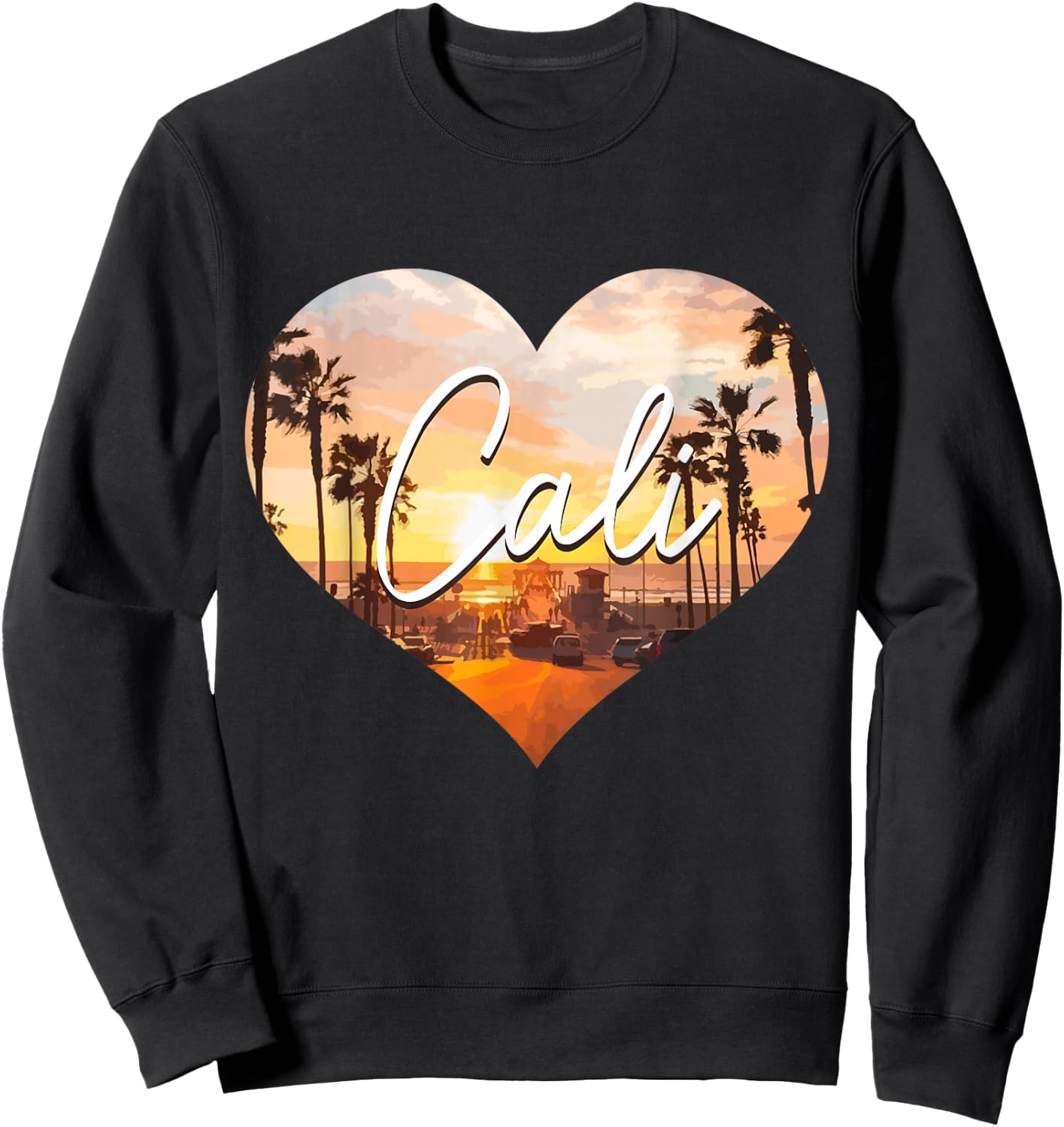 California Cali Vintage Sunset Heart Retro Sweatshirt - Sweatshirt | Black