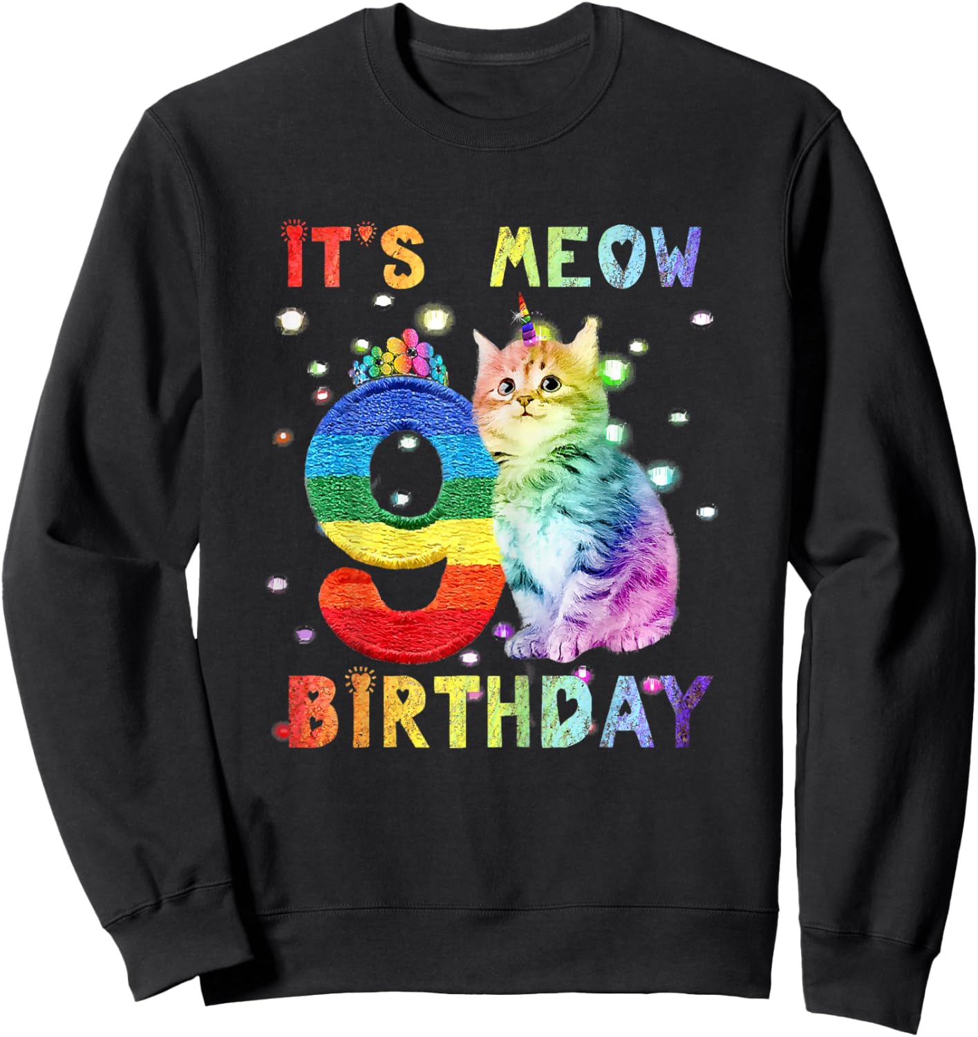 Cute 9th Birthday Cat Unicorn 9 Years Old Rainbow Girl Teens Sweatshirt - Sweatshirt | Black