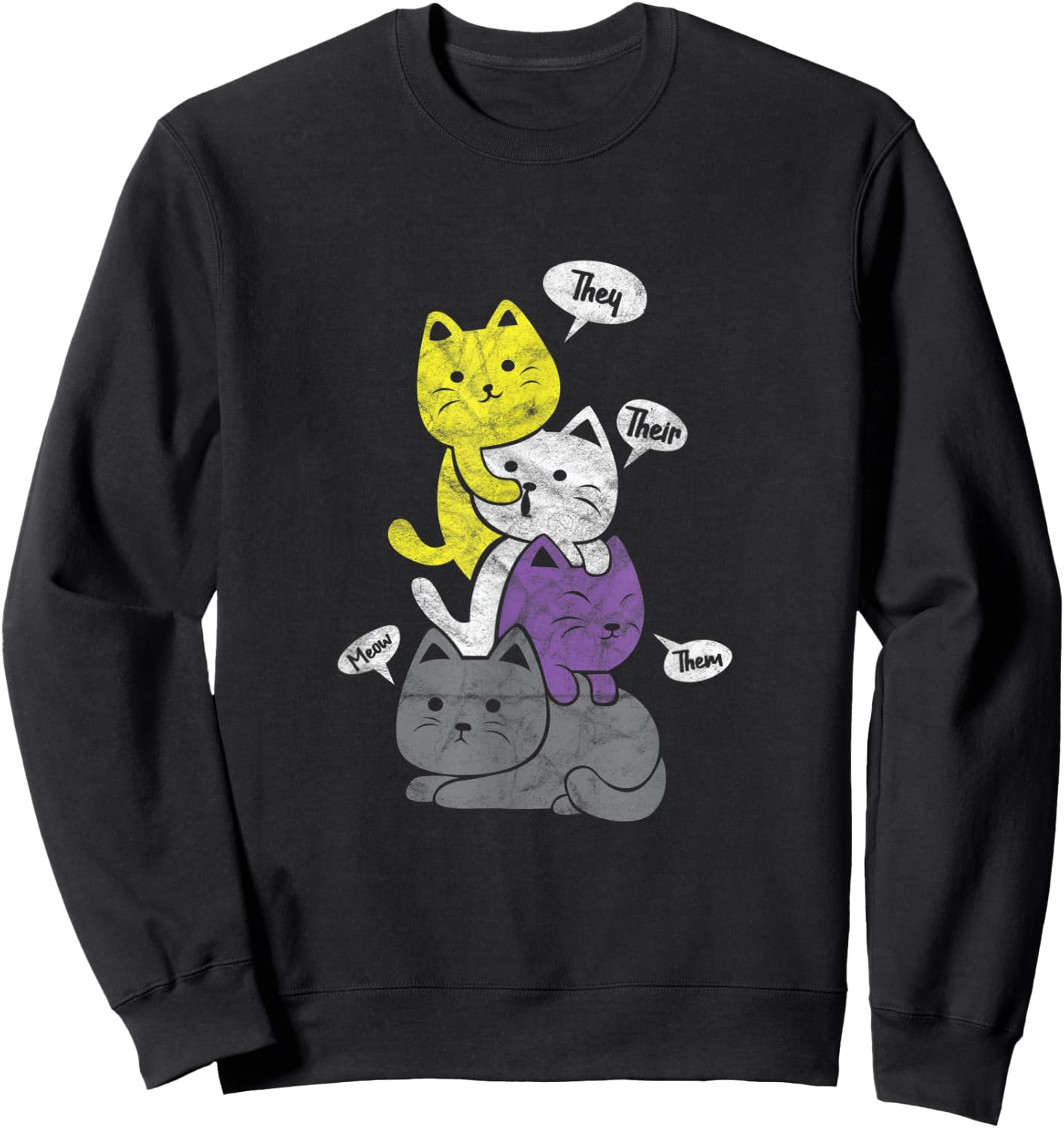 Nonbinary They Their Them Cat Pile Non-Binary Flag Vintage Women Sweatshirt - Sweatshirt | Black