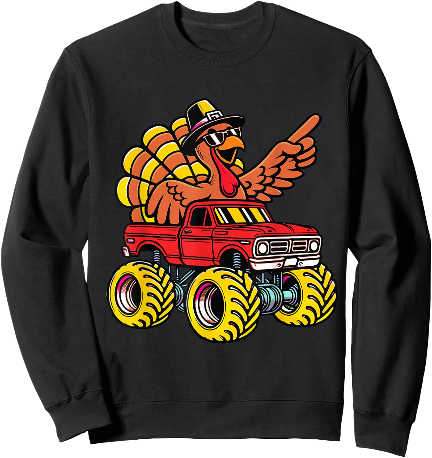 Thanksgiving Turkey Riding Monster Truck Kids Boys Sweatshirt - Sweatshirt | Black