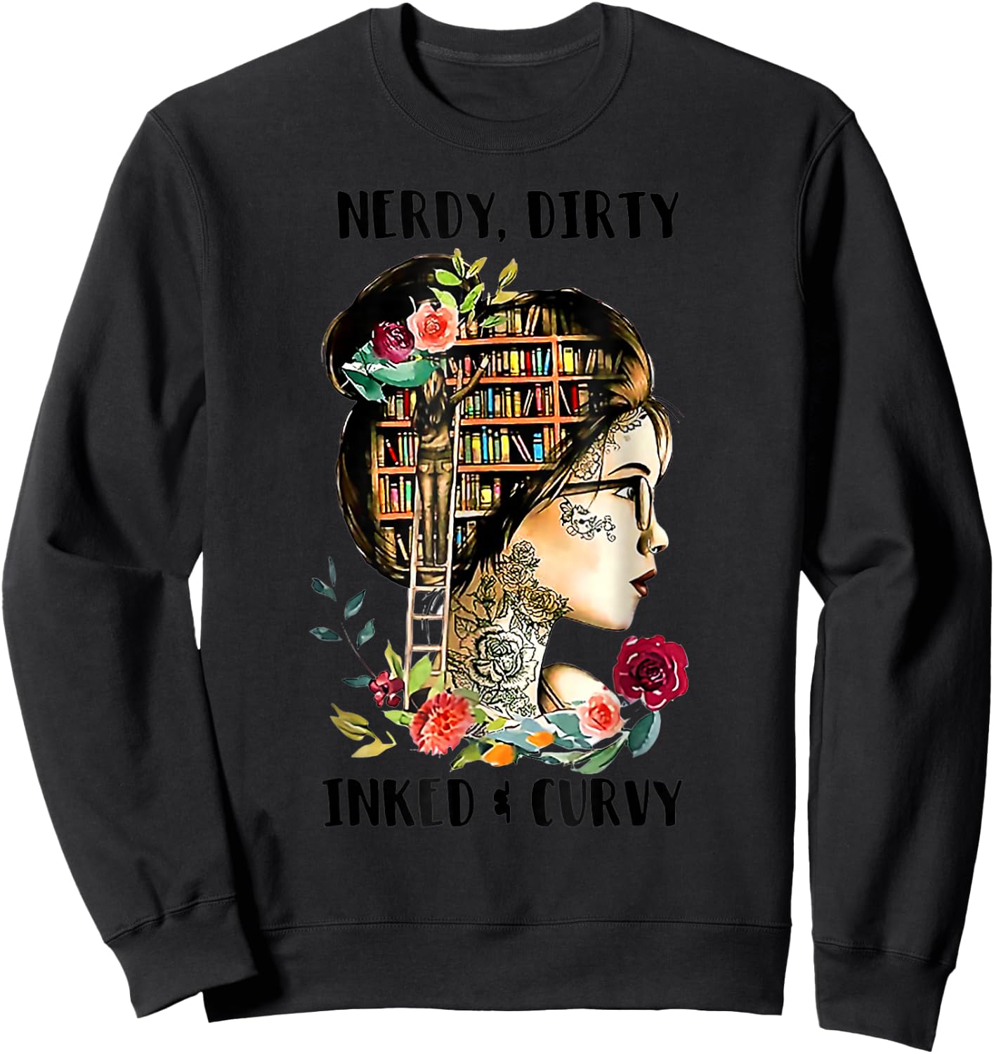 Vintage Nerdy Dirty Inked Curvy Girl Tattoo Reading Lover Sweatshirt - Sweatshirt | Black