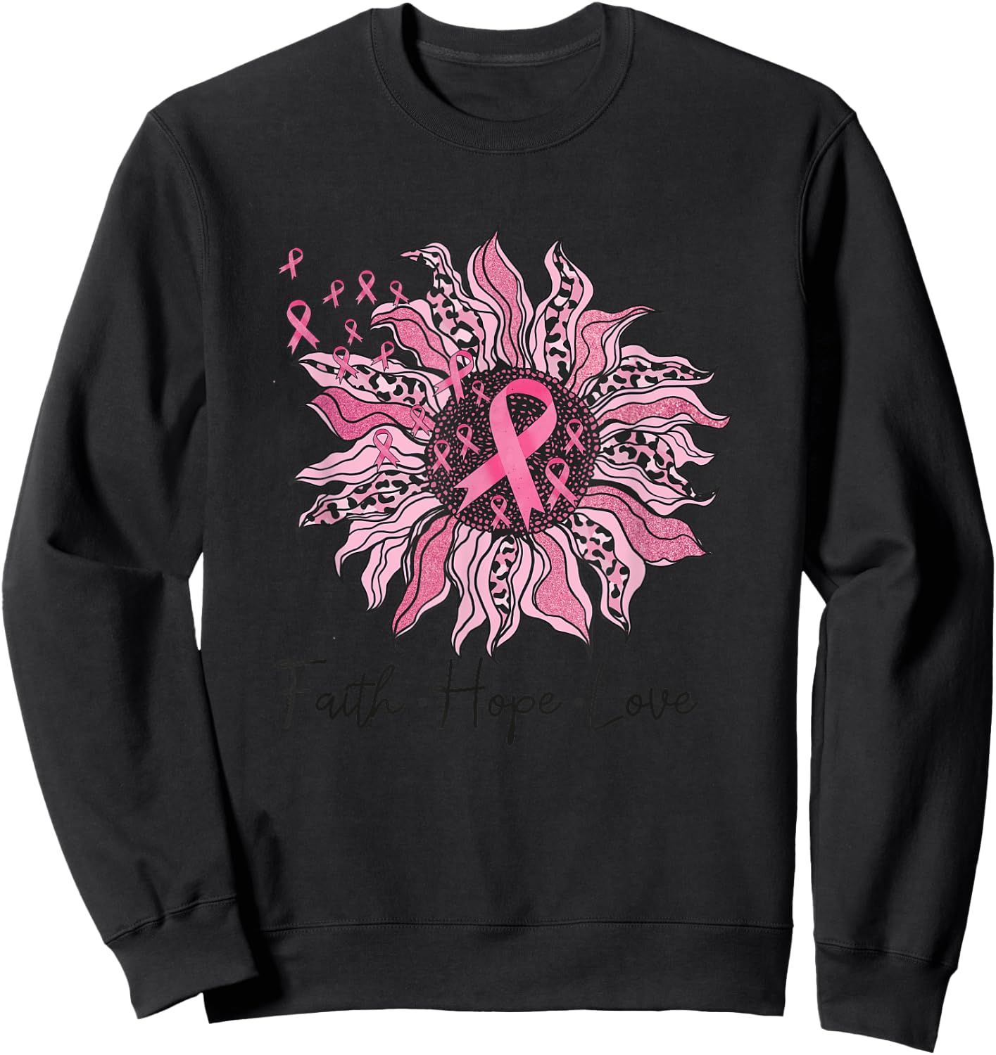 Faith Hope Love Sunflower Leopard Breast Cancer Awareness Sweatshirt - Sweatshirt | Black