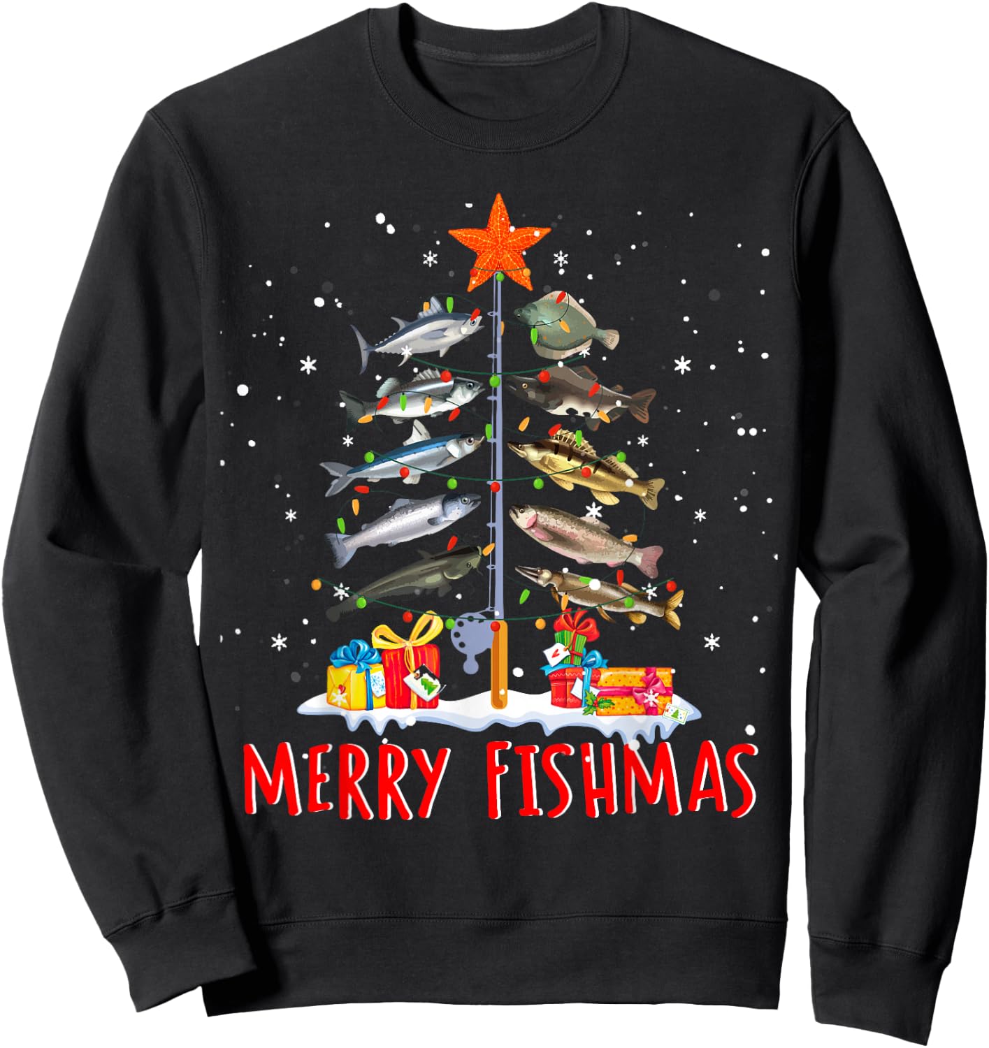 Funny Merry Fishmas - Christmas Tree Lights Sweatshirt - Sweatshirt | Black