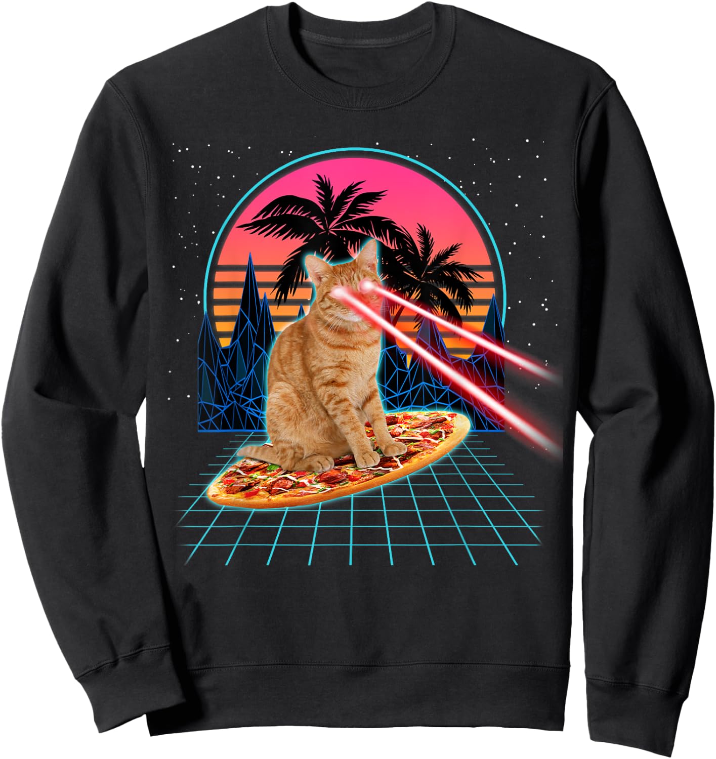 Cat Riding Pizza Laser Eyes 80s Cat In Space Cats Lovers Men Women Kids Sweatshirt - Sweatshirt | Black