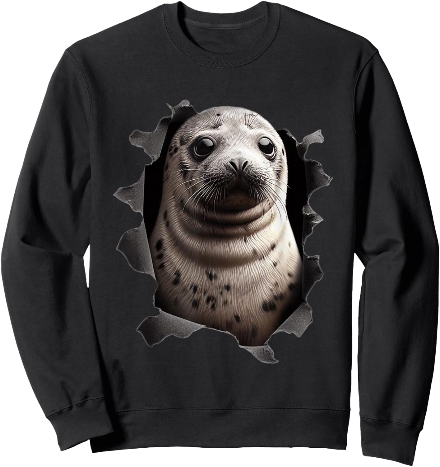 Baby seal looking out of torn cloth Funny Animal Lover Sweatshirt - Sweatshirt | Black