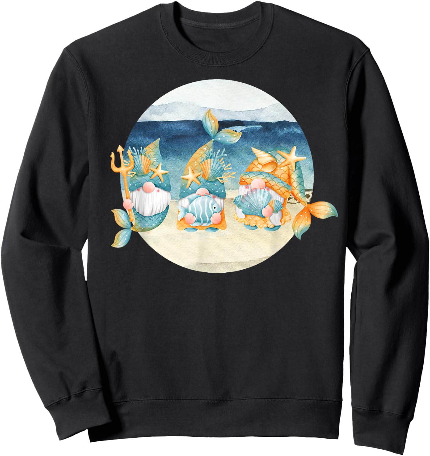 Cute Beach Mermaid Gnomes Women's Graphic Sweatshirt - Sweatshirt | Black
