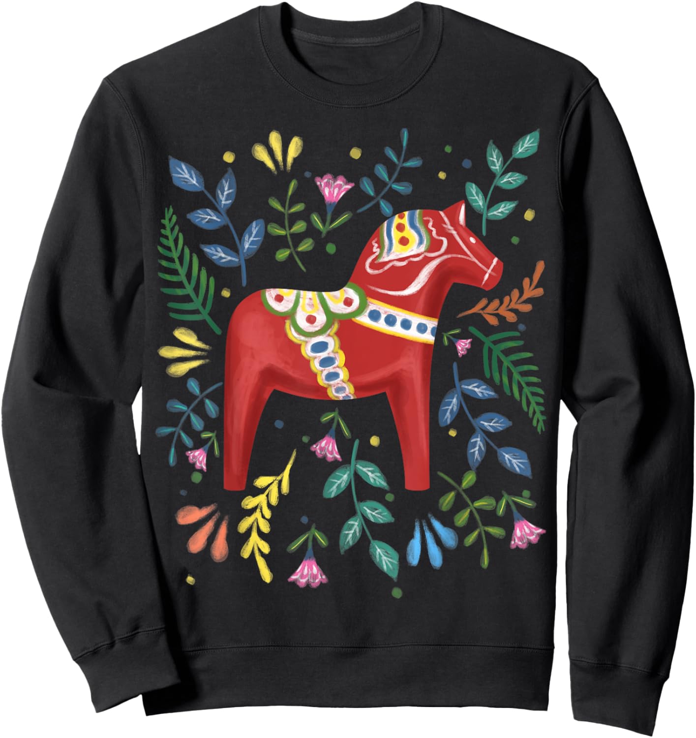 Swedish Dala Horse Folk Art Sweden Flag Dalahelmsoljd Horse Sweatshirt - Sweatshirt | Black