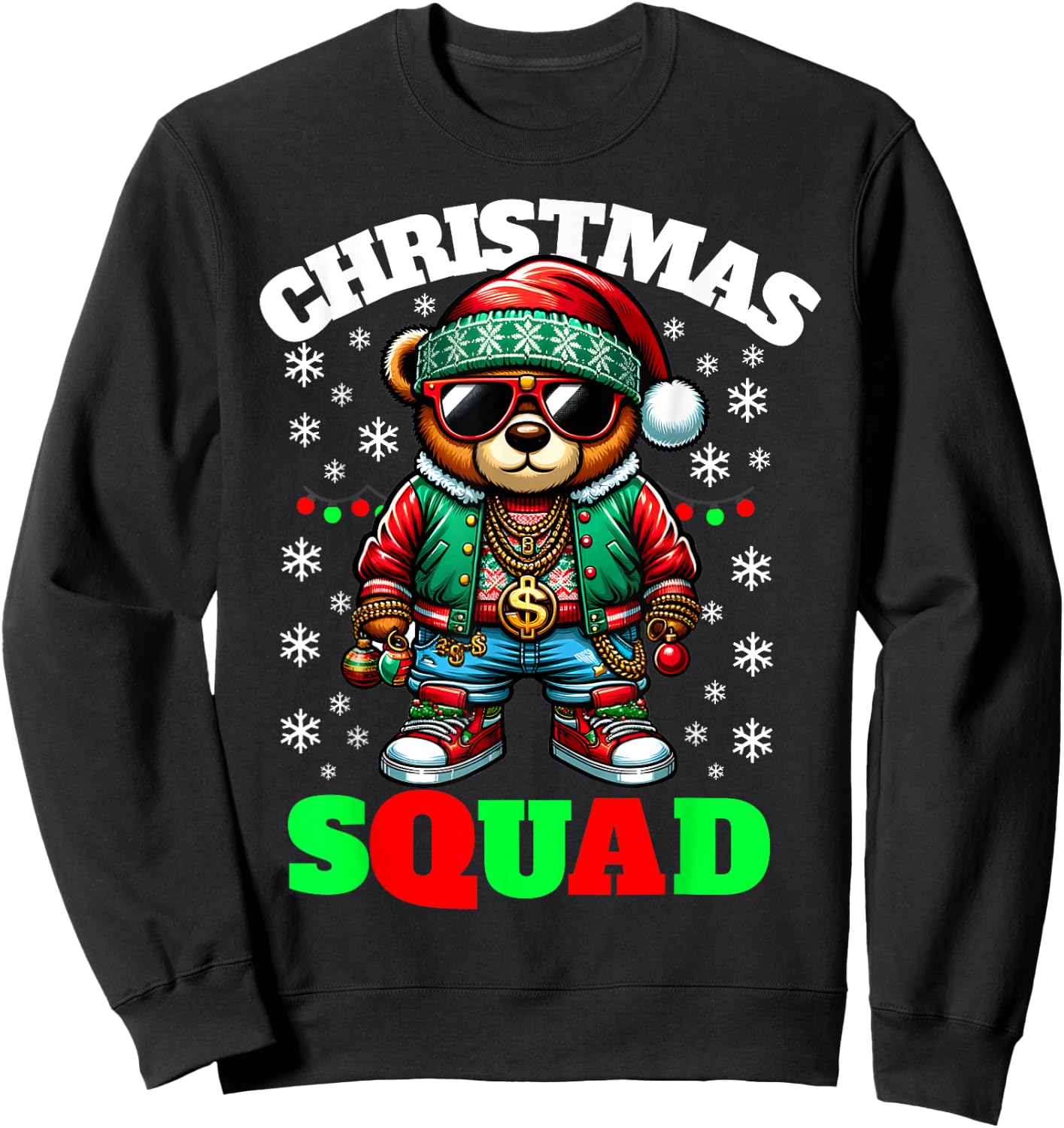 Hip Hop Christmas Teddy Bear Matching Christmas Squad Family Sweatshirt - Sweatshirt | Black