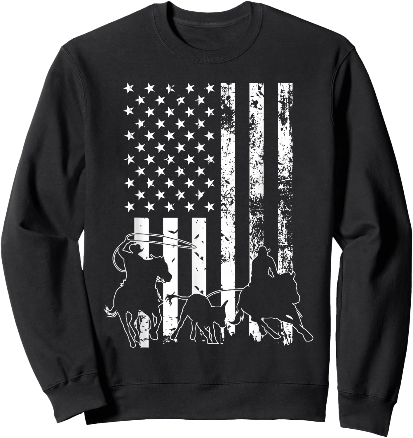 Team Roping - USA Flag Equestrian Horse Riding Header Heeler Sweatshirt - Sweatshirt | Black