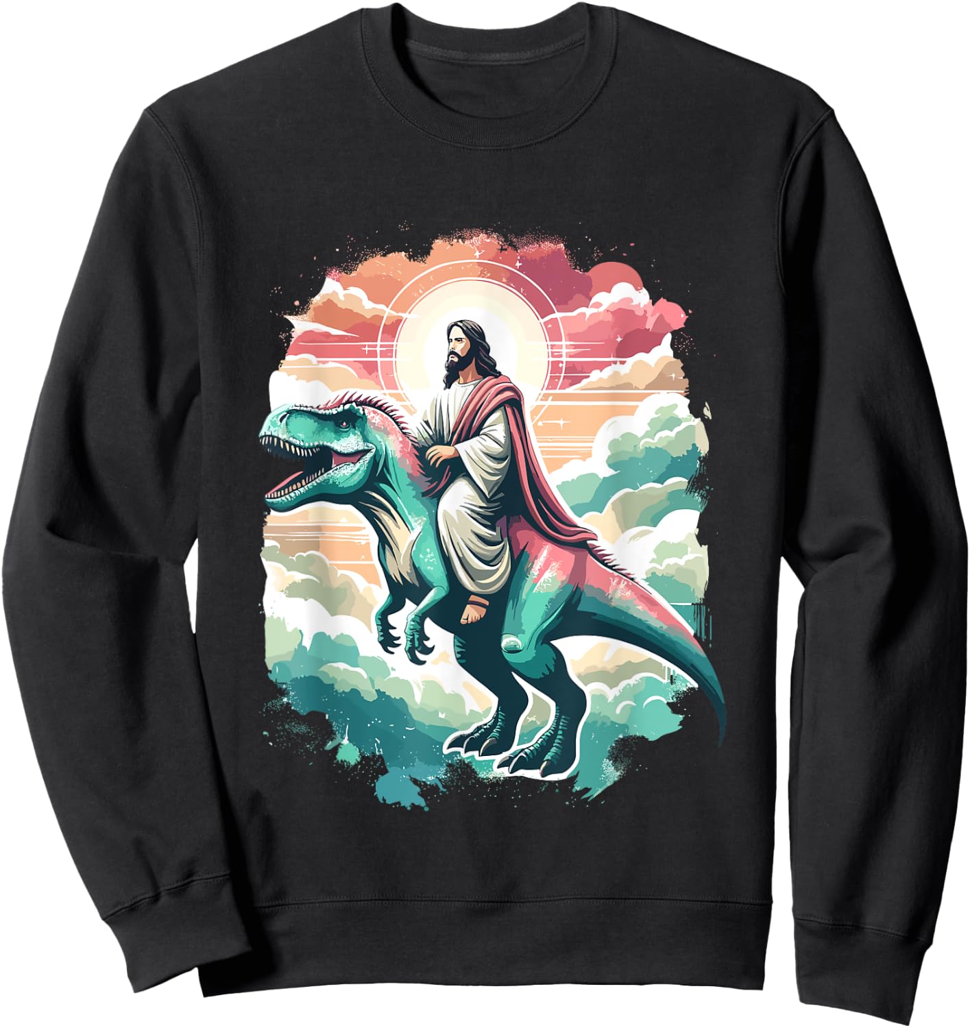 Funny Jesus Riding T-Rex Dinosaur Meme Parody for Believers Sweatshirt - Sweatshirt | Black
