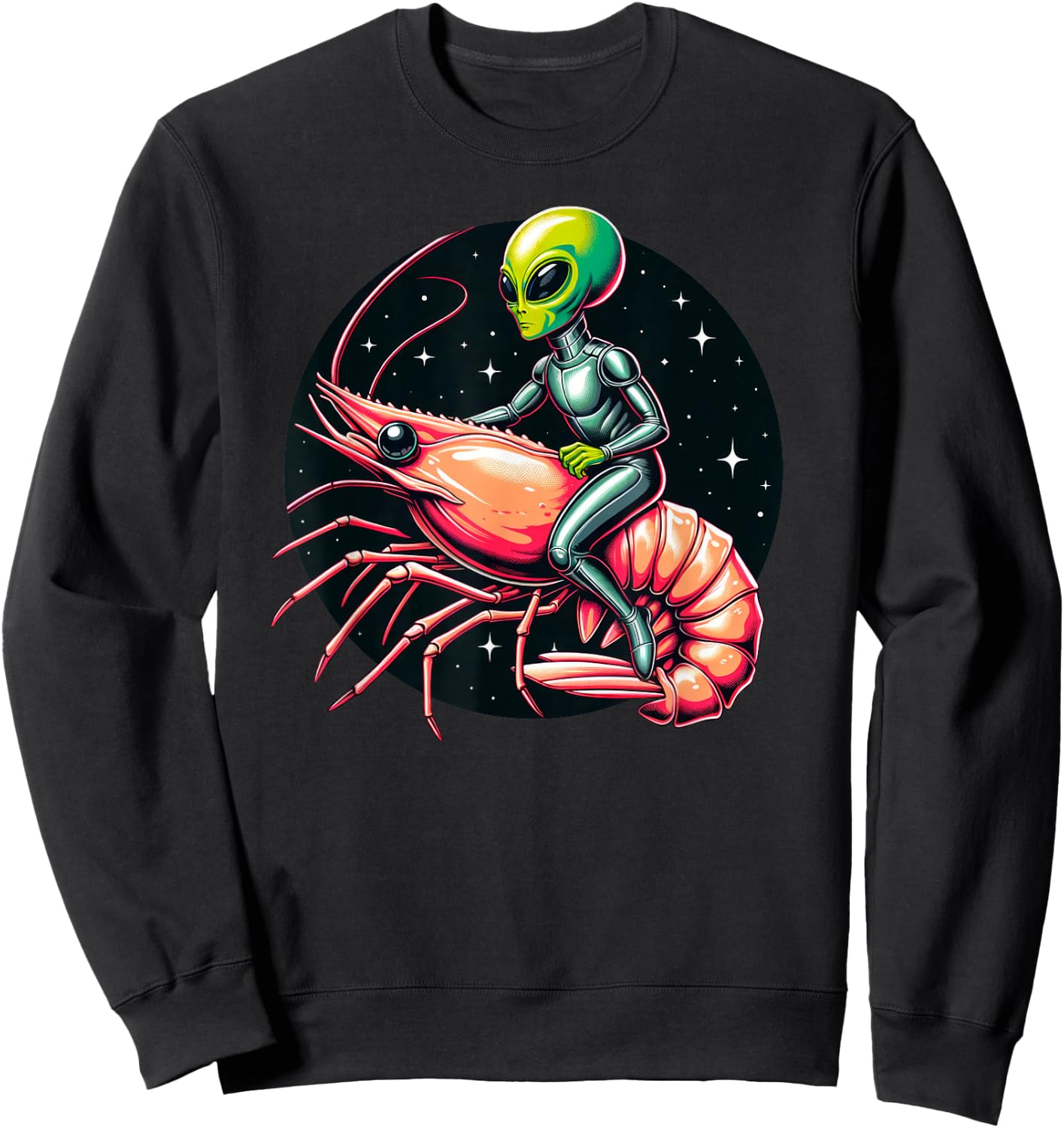 Funny Alien Riding Shrimp Humorous UFO Sweatshirt - Sweatshirt | Black