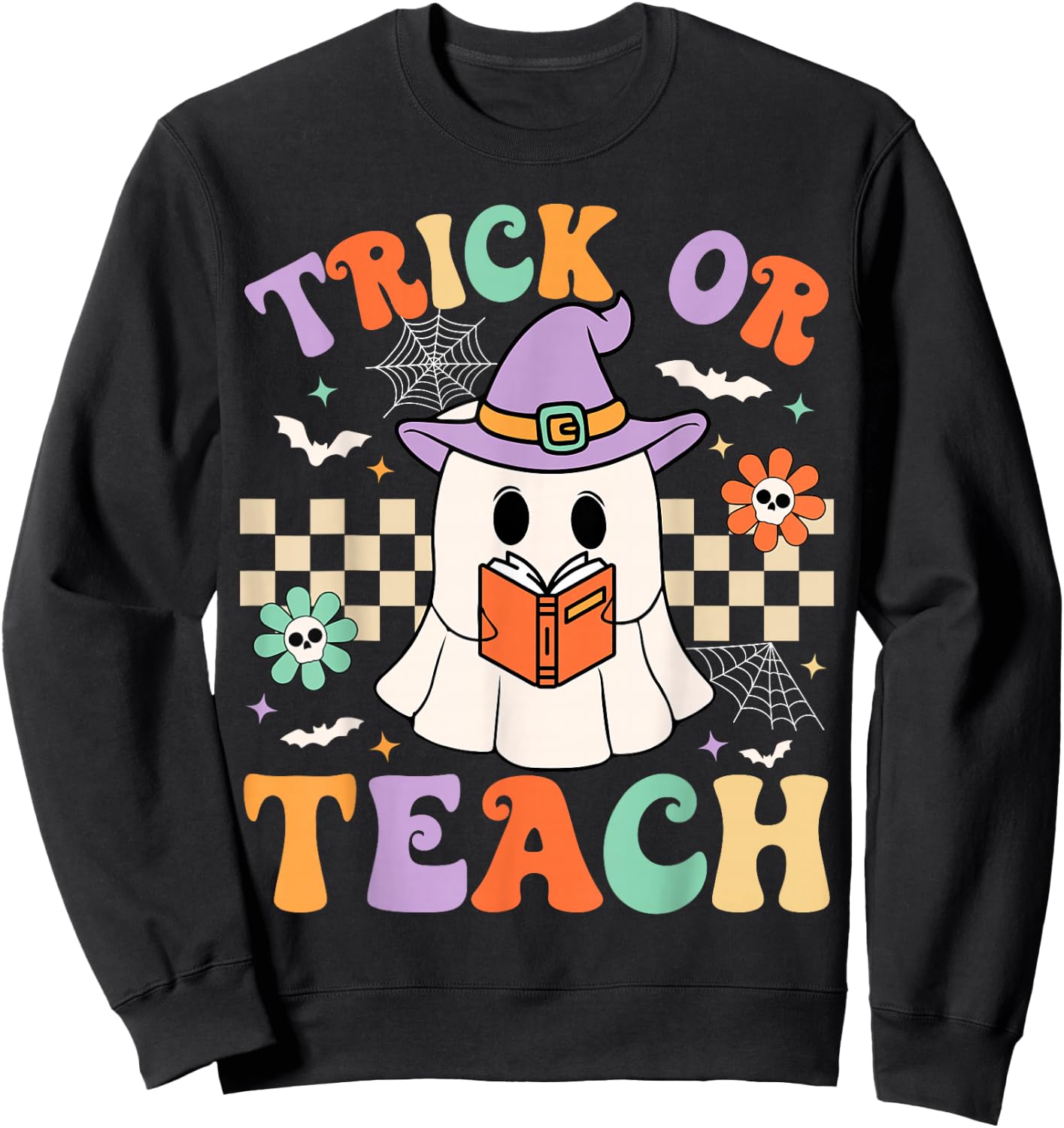 Trick Or Teach Groovy Teacher Halloween Retro Floral Ghost Sweatshirt - Sweatshirt | Black