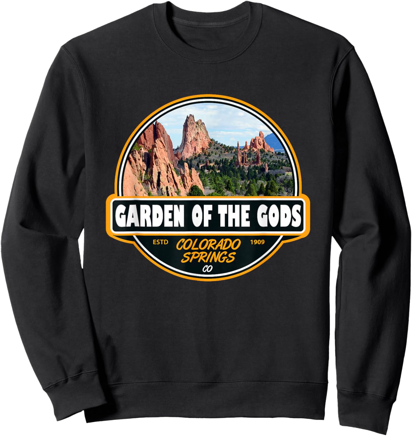 Garden of the Gods Colorado Springs Travel Art Emblem Sweatshirt - Sweatshirt | Black