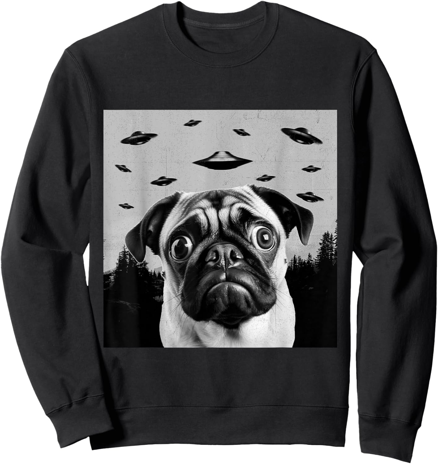 Alien UFO Funny Pug Dog Lover Men Women Kids Sweatshirt - Sweatshirt | Black