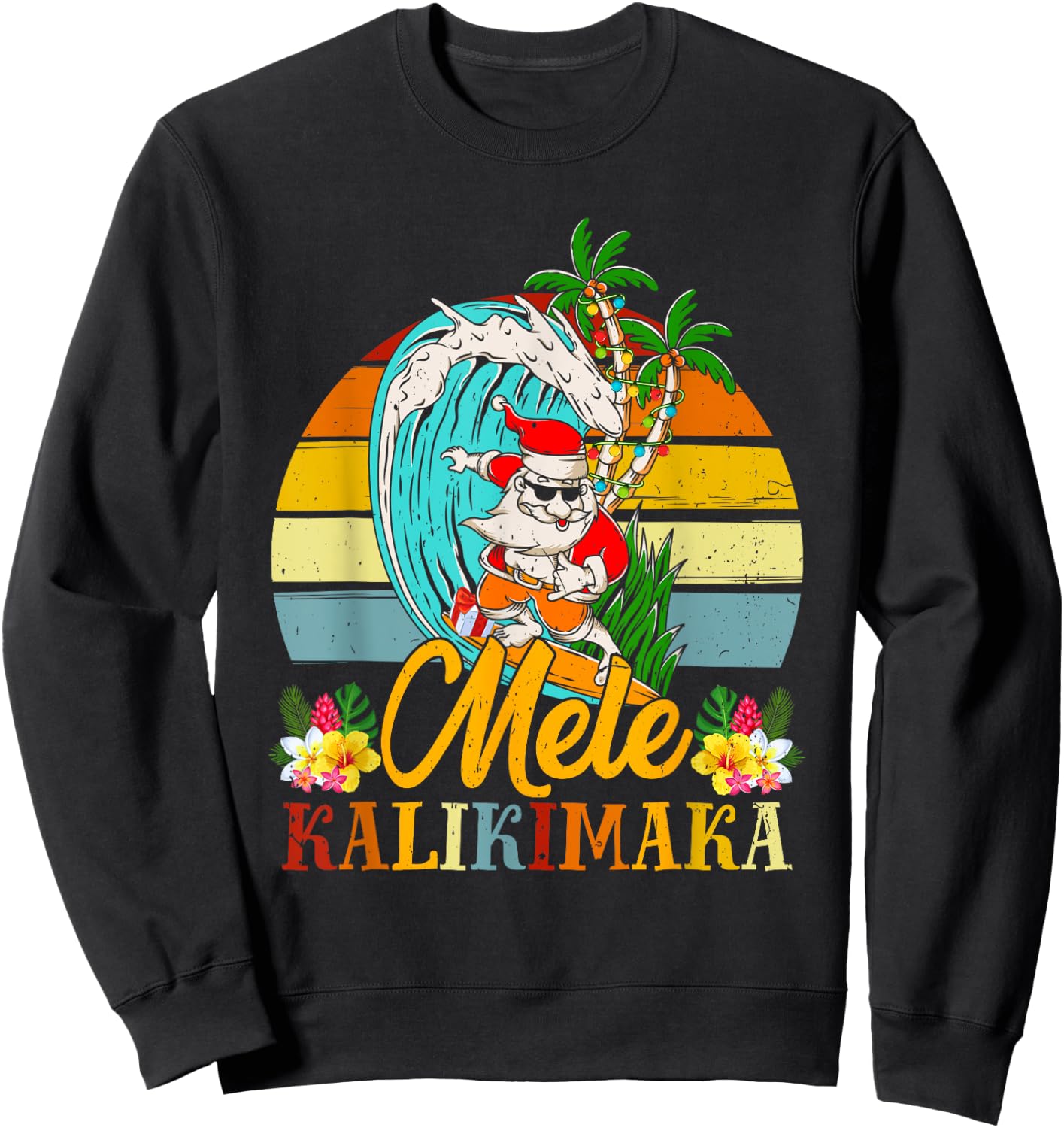 Mele-Kalikimaka Retro Christmas Santa Shaka Hawaii Sweatshirt - Sweatshirt | Black