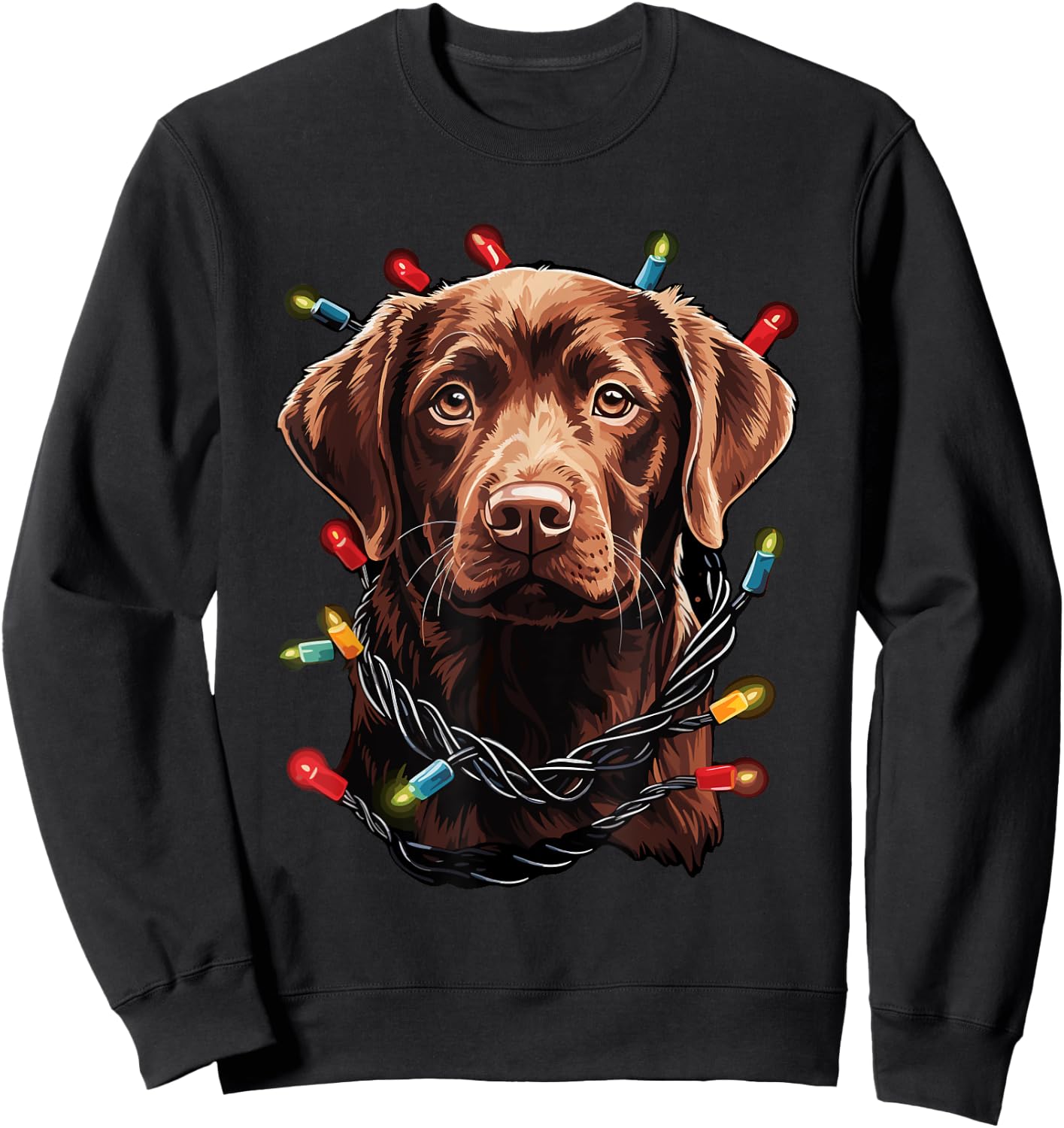 Chocolate Labrador Dog Christmas Lights Santa Hat Xmas Sweatshirt - Sweatshirt | Black