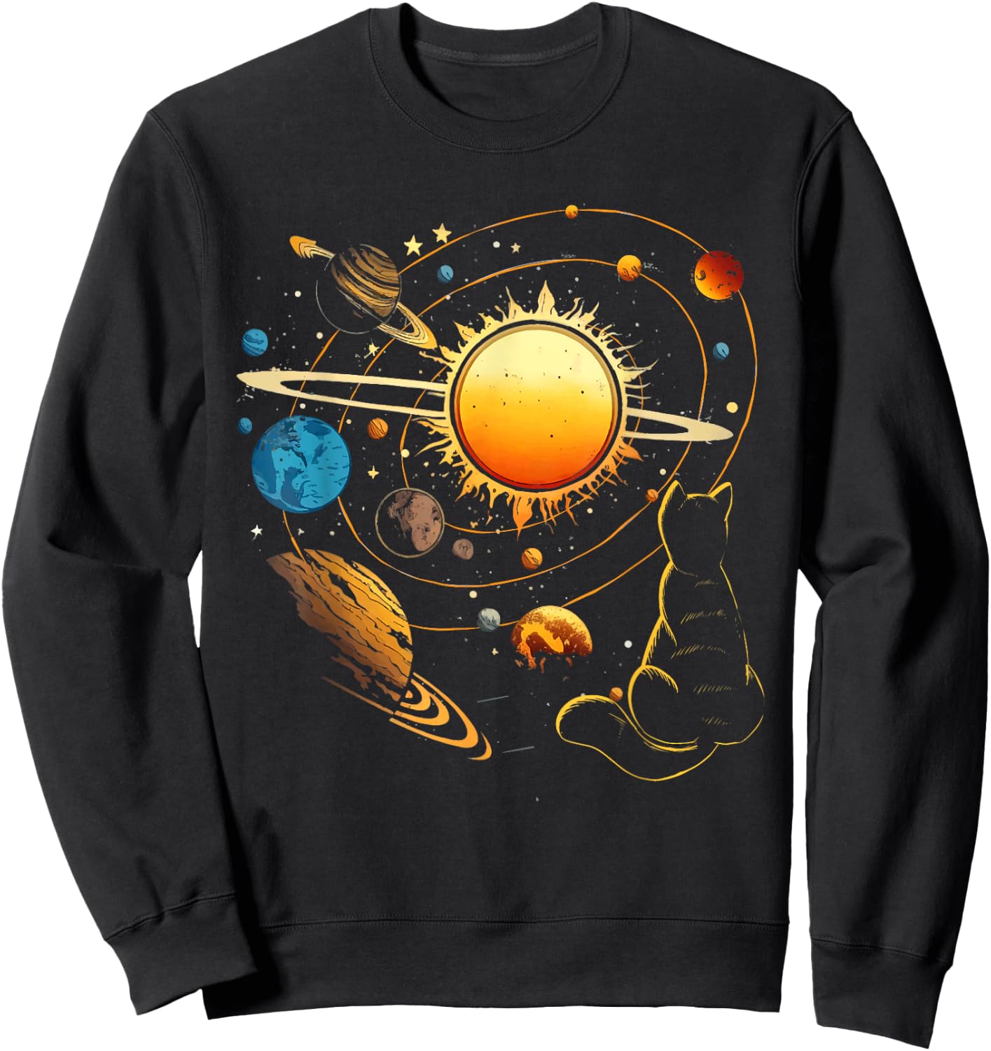 Cat And Planets - Galaxy Stars Kitten Kitty Animal Pet Lover Men Women Kids Sweatshirt - Sweatshirt | Black