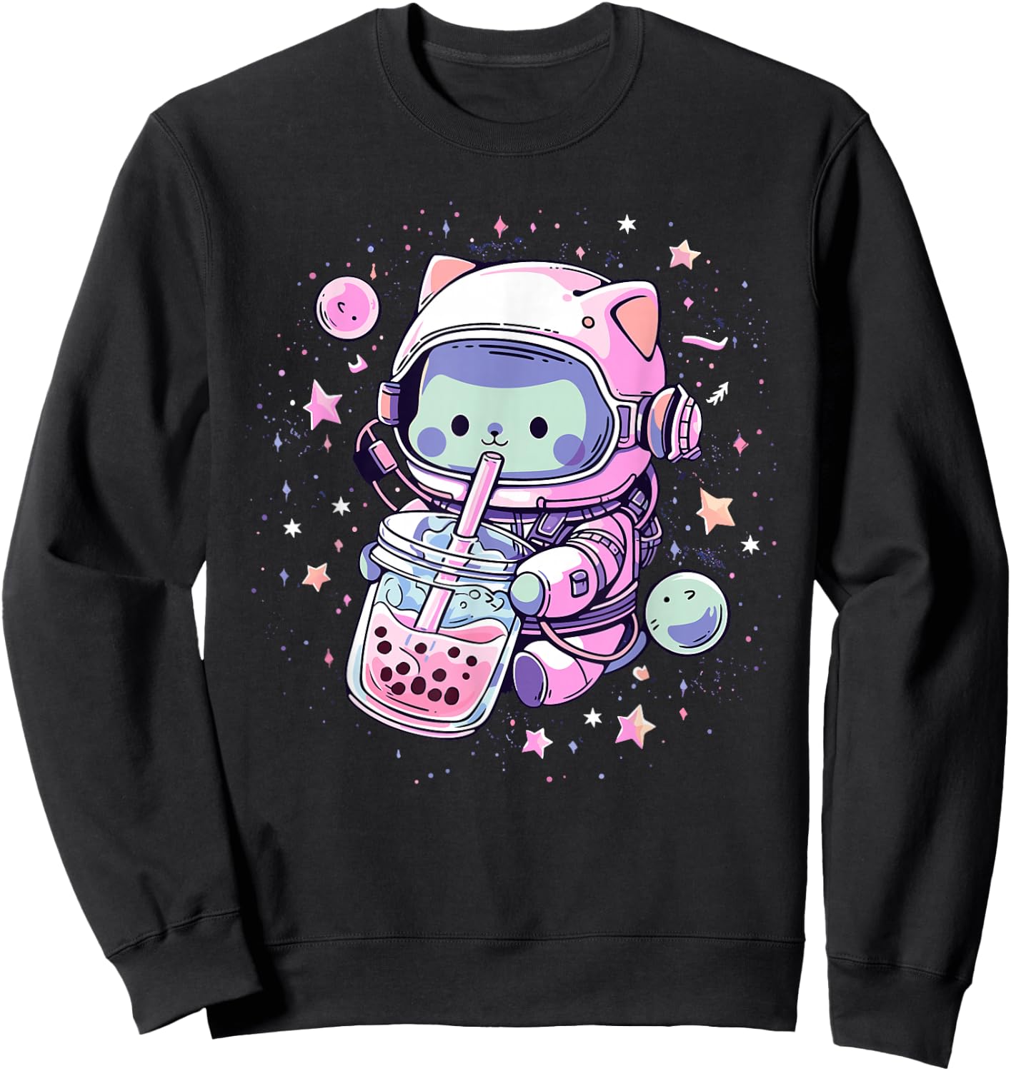 Kawaii Cat Bubble Boba Tea in Space Astronaut Anime Girls Sweatshirt - Sweatshirt | Black